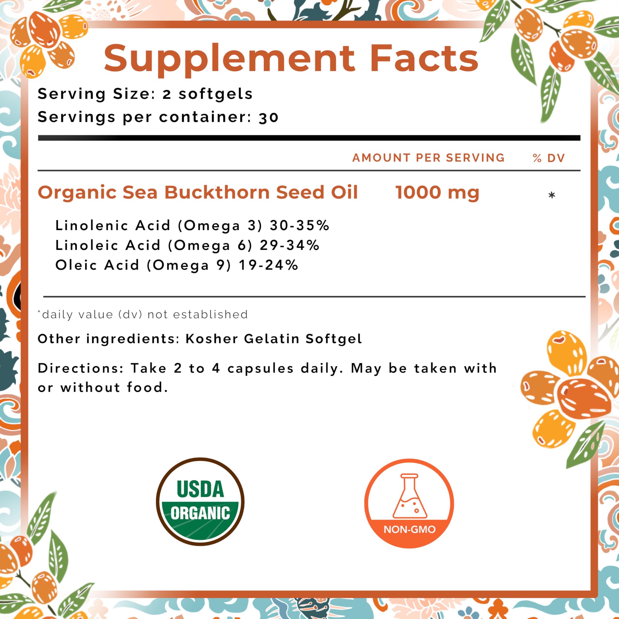 SEABUCKWONDERS etiqueta con certificaciones USDA Organic y sin hexano