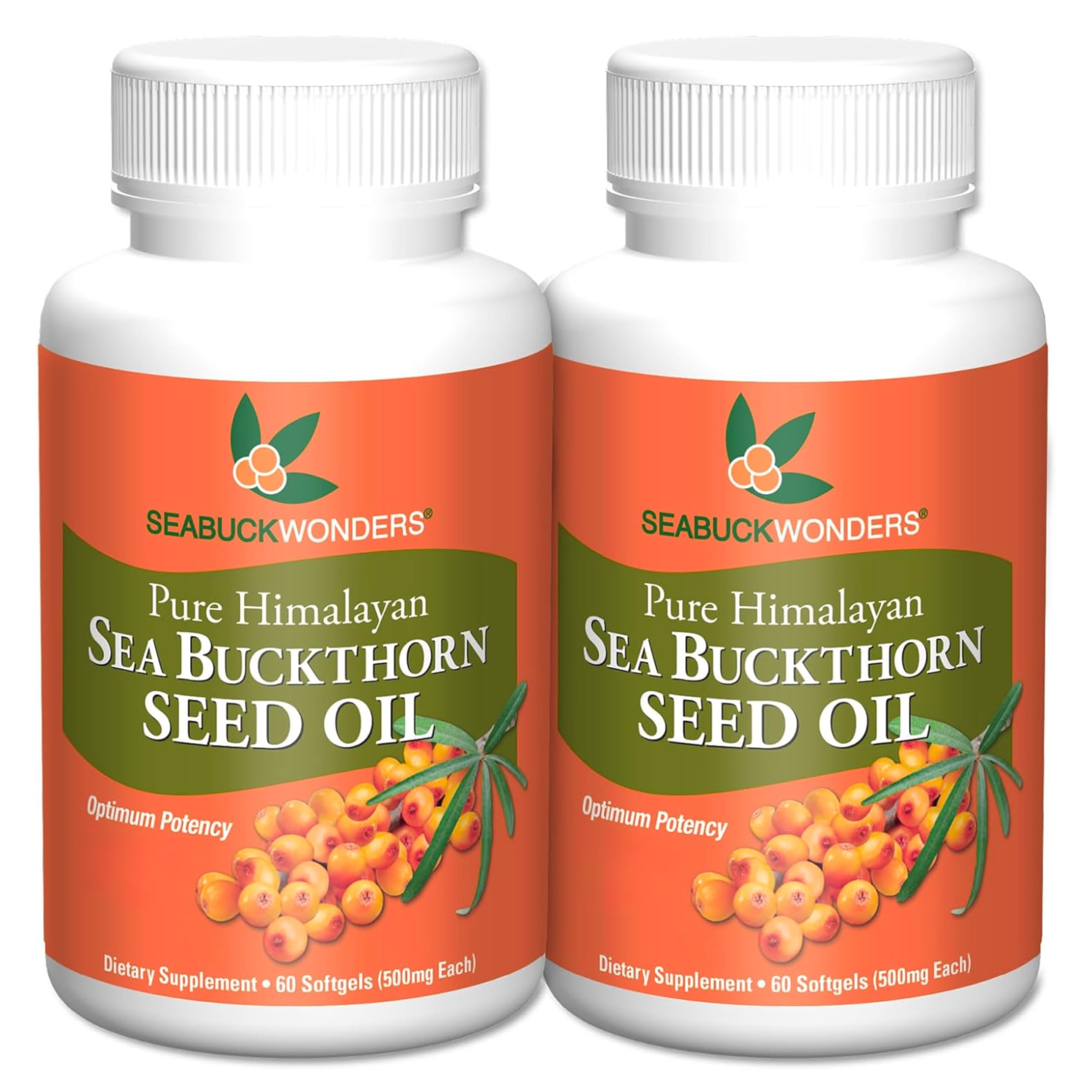 SEABUCKWONDERS frasco delantero mostrando 120 softgels y aporte de 60 días