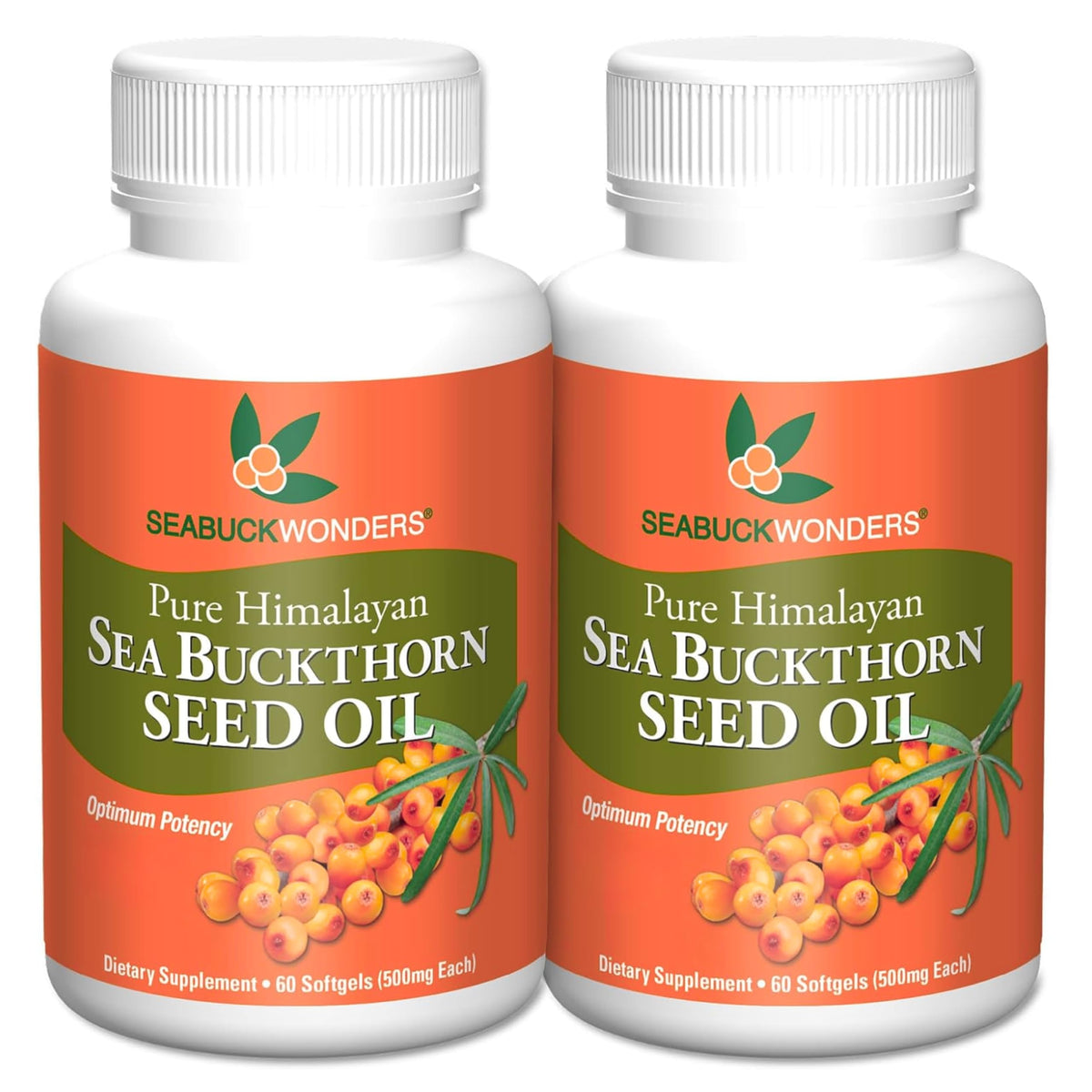 SEABUCKWONDERS frasco delantero mostrando 120 softgels y aporte de 60 días