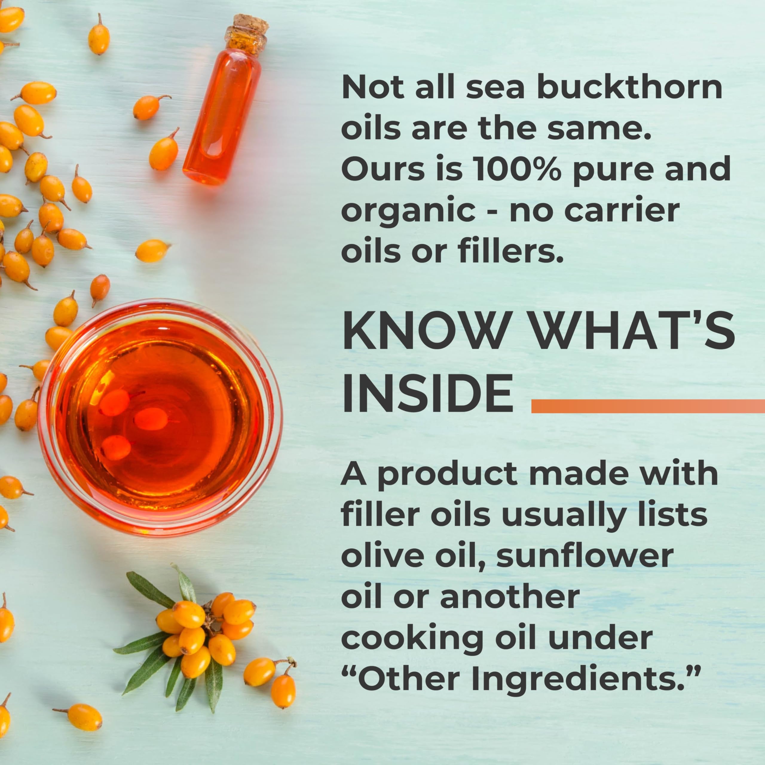 SEABUCKWONDERS primer plano del aceite, aspecto natural y puro