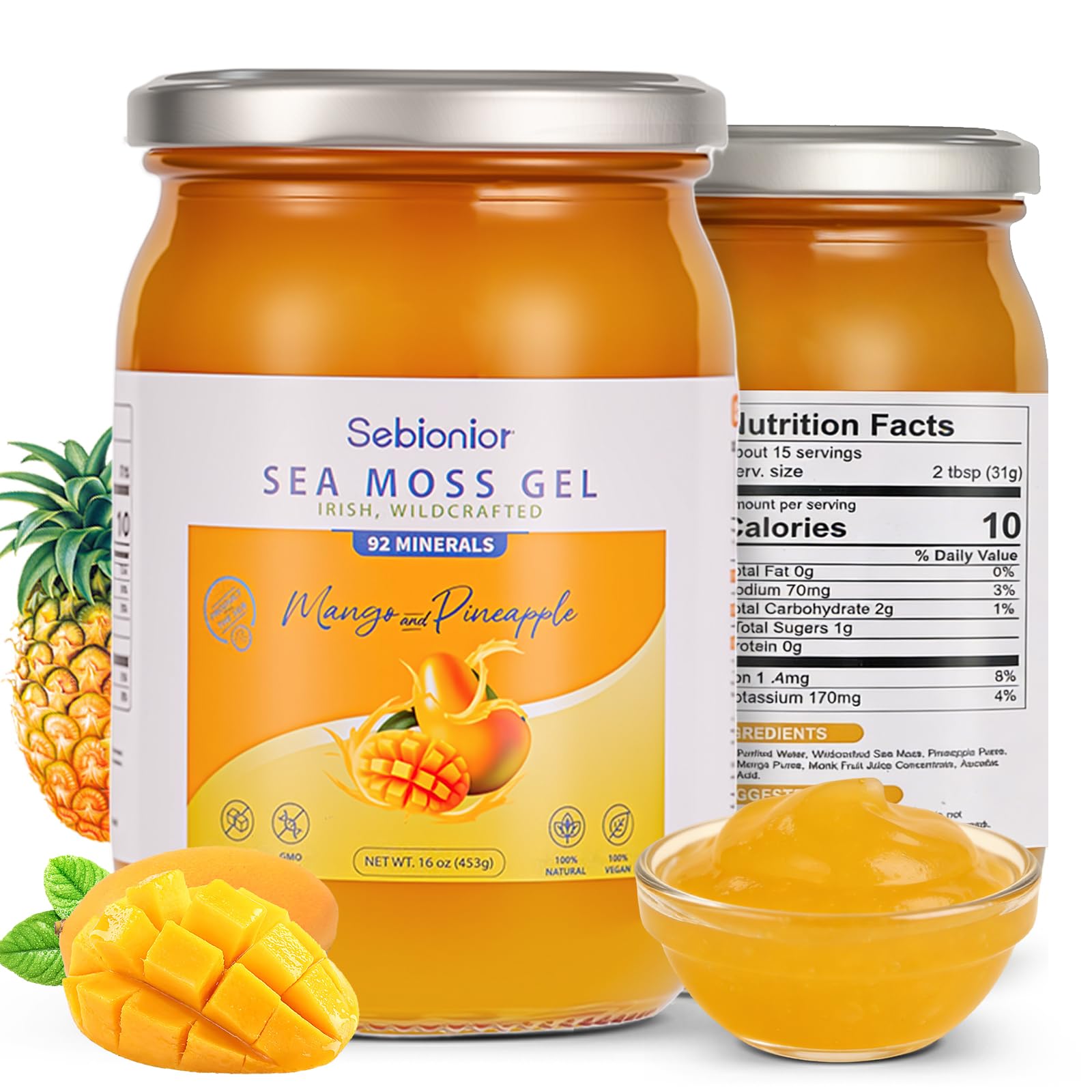 Sebionior tarro frontal con gel de musgo marino mango, apariencia natural y apetecible