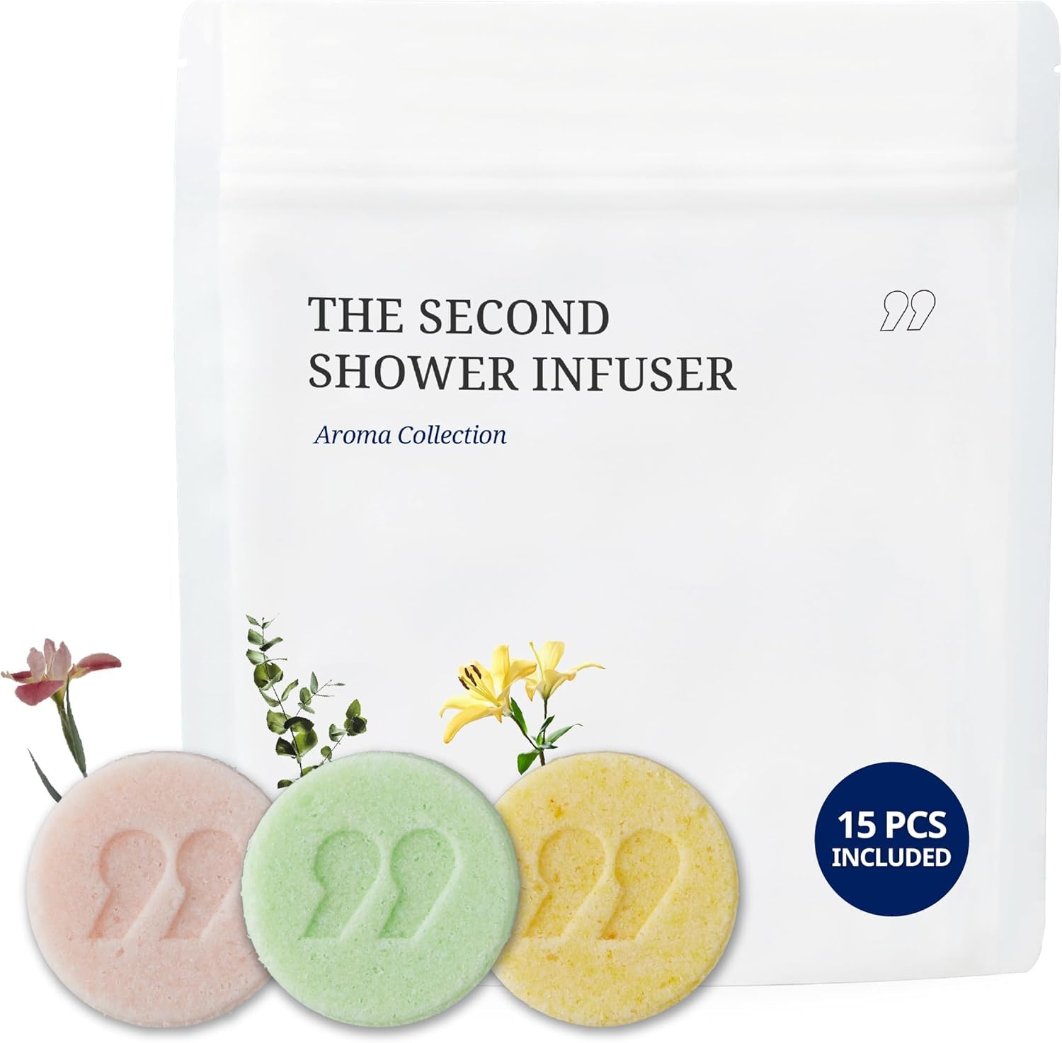 second shower paquete frontal mostrando las 15 pastillas y beneficios aromáticos