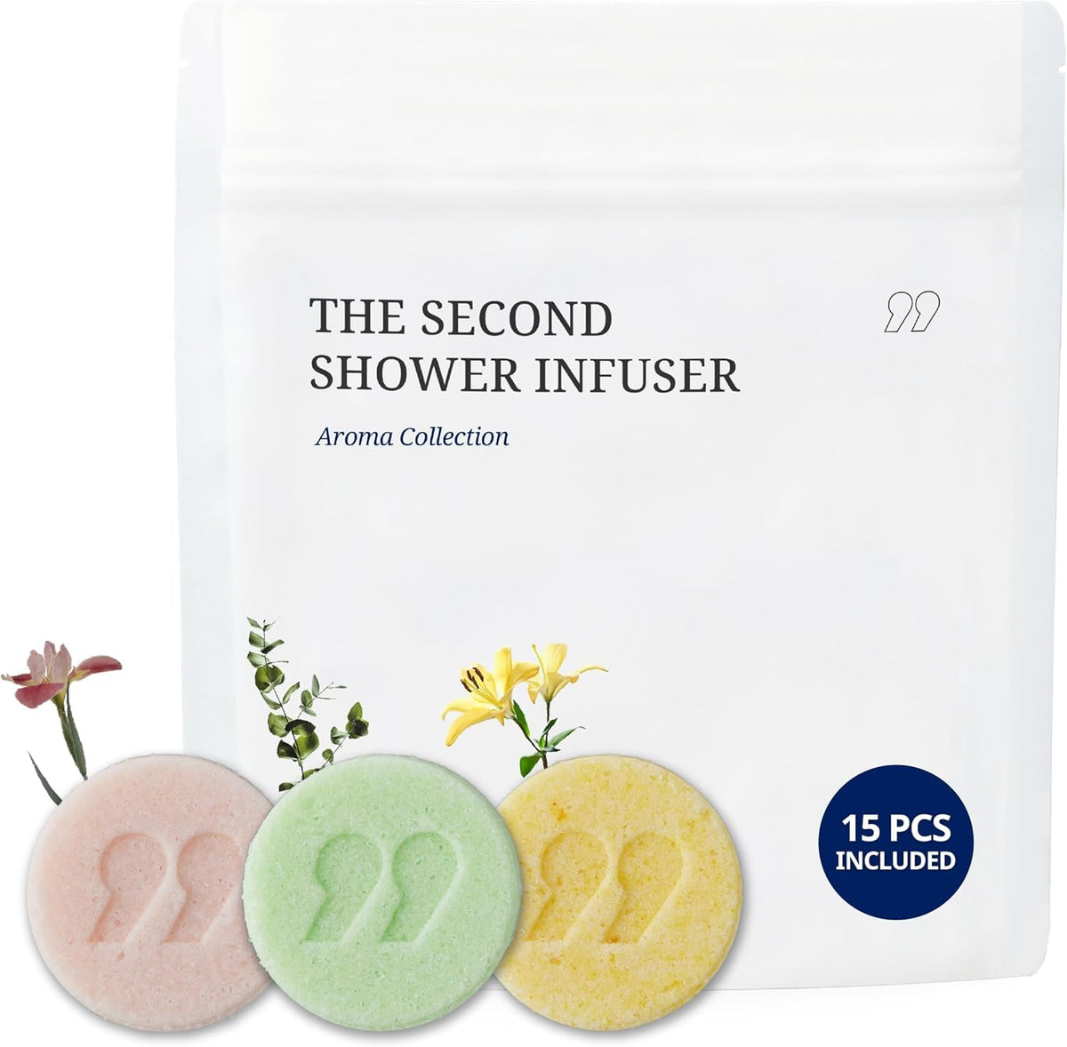 second shower paquete frontal mostrando las 15 pastillas y beneficios aromáticos