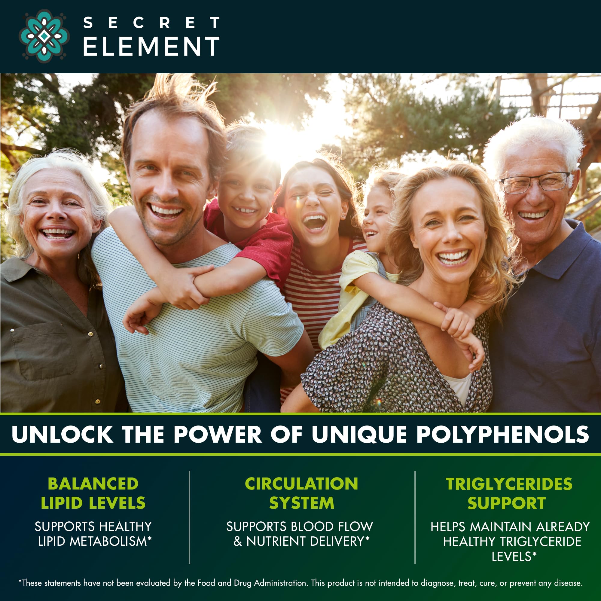 Secret Element etiqueta con datos de polifenoles y dosis por porción