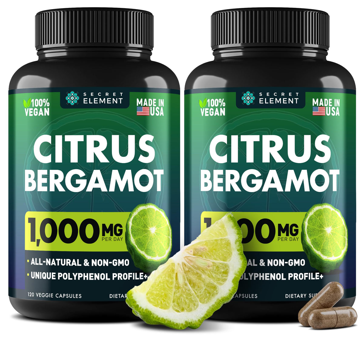 Secret Element frontal del paquete de bergamota mostrando la presentación y beneficio antioxidante