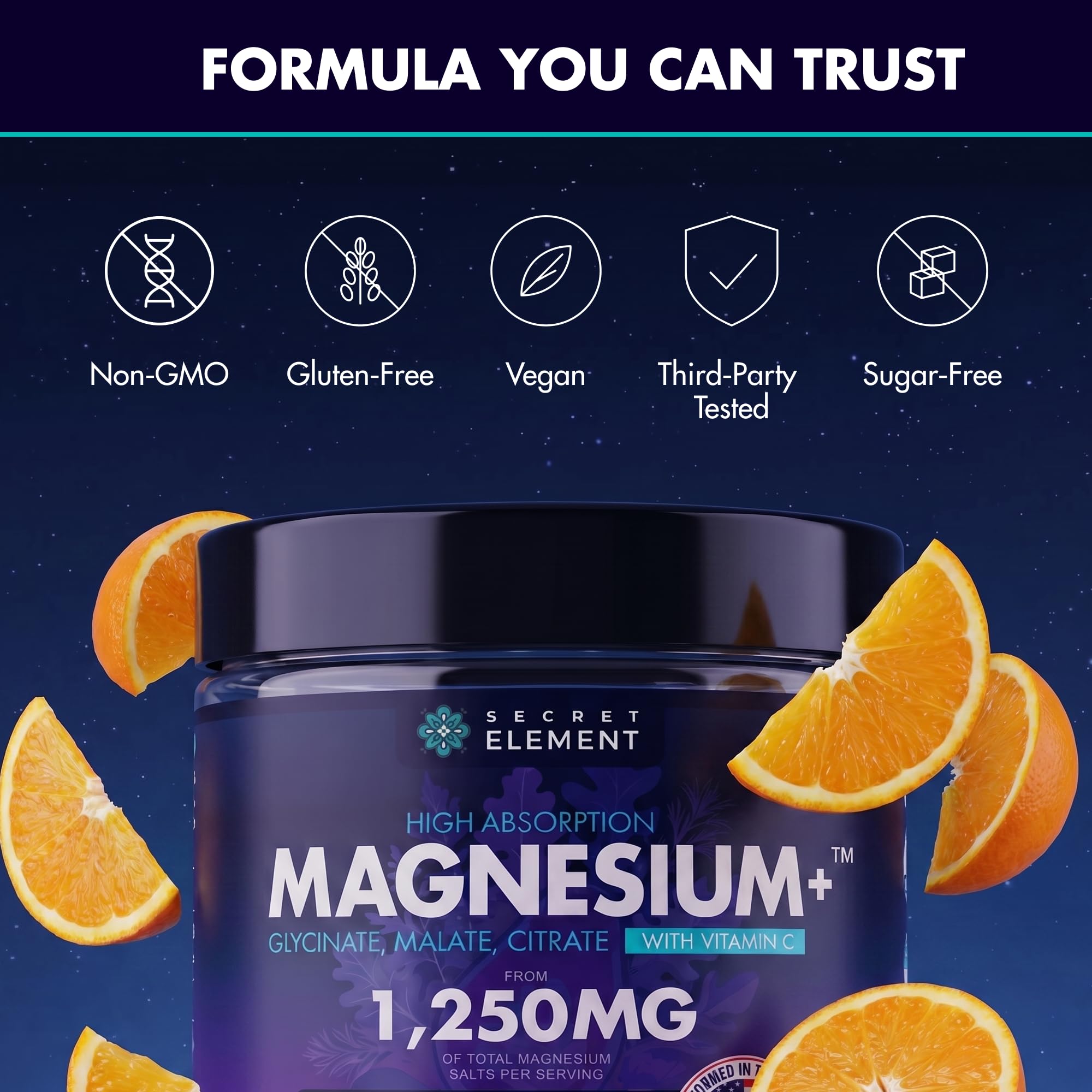 Secret Element ingredientes clave magnesio y vitamina C en primer plano