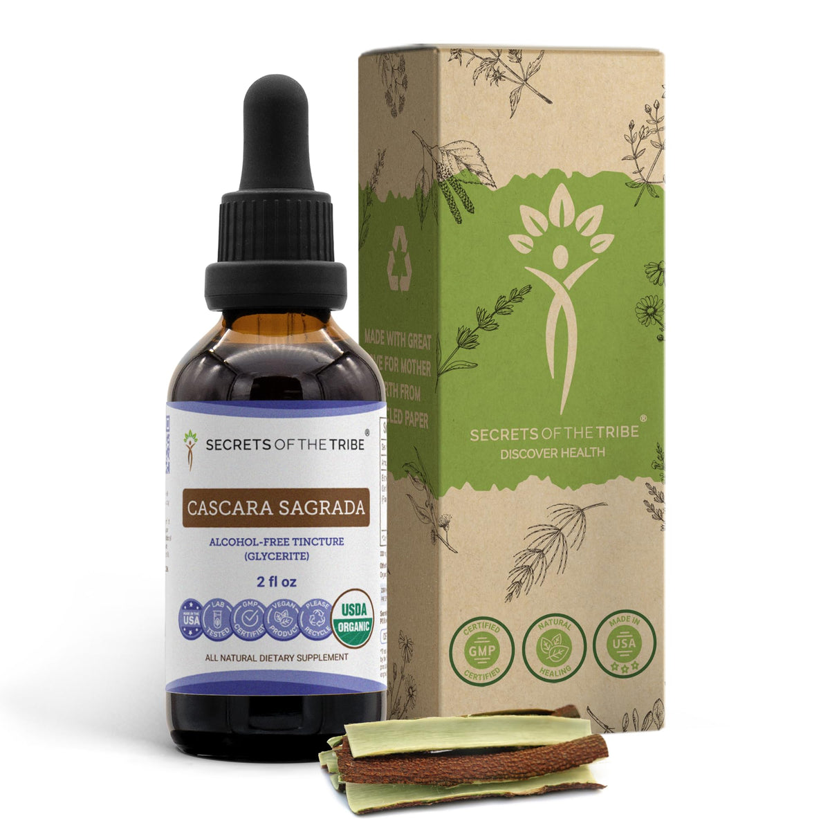 Secrets of the Tribe botella frontal mostrando cascara sagrada y etiqueta clara
