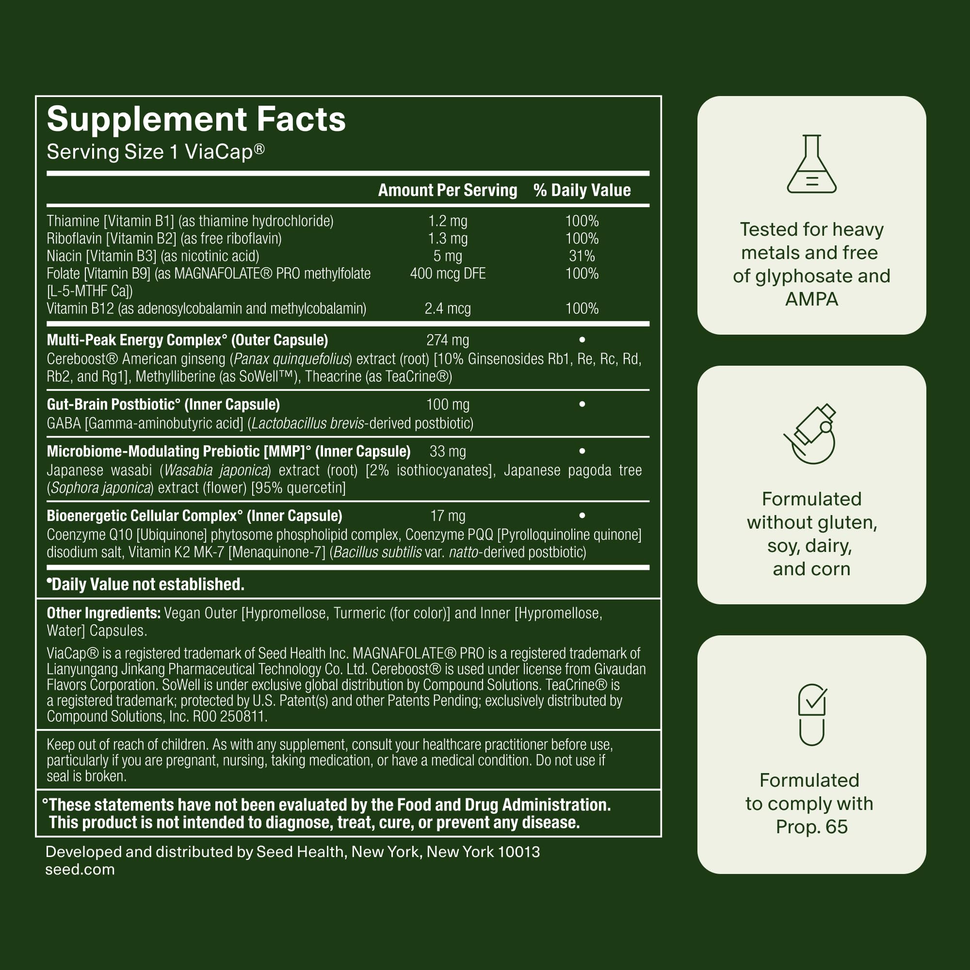 Seed ingredientes clave dispuestos para destacar la formulación sin cafeína