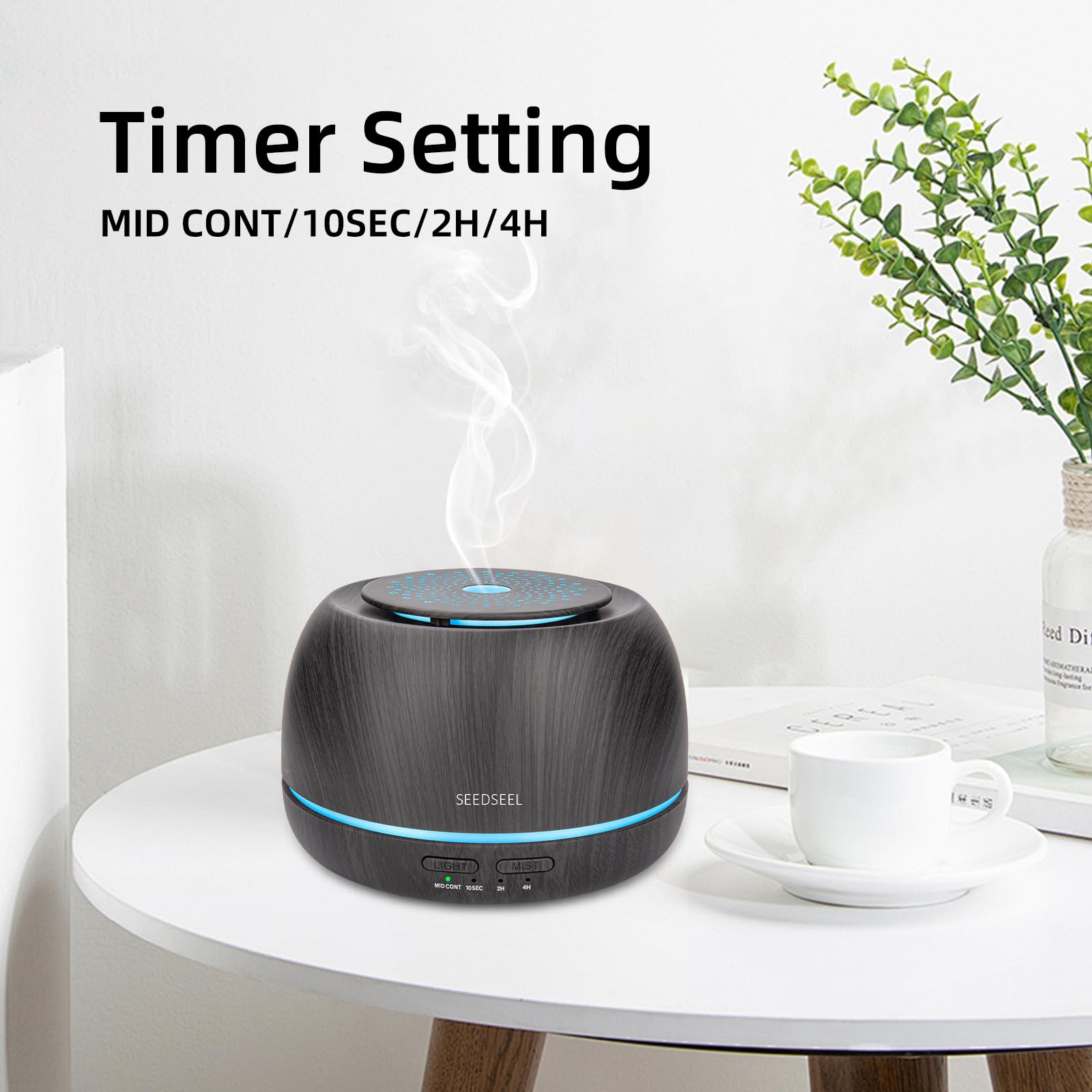 SEEDSEEL difusor en uso sobre mesa de salón, crea ambiente aromático y relajante