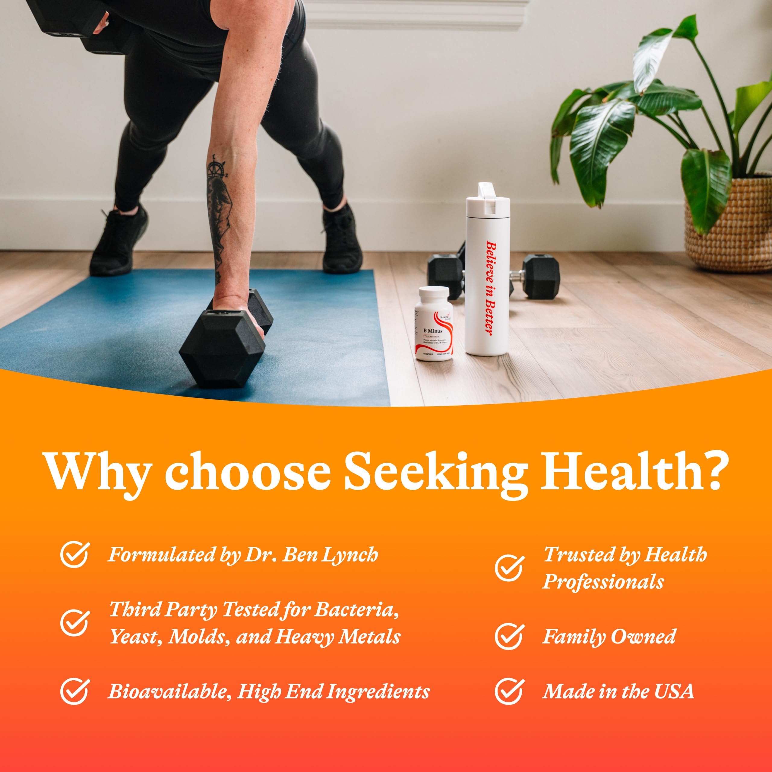 Seeking Health empaque completo que refleja calidad y control