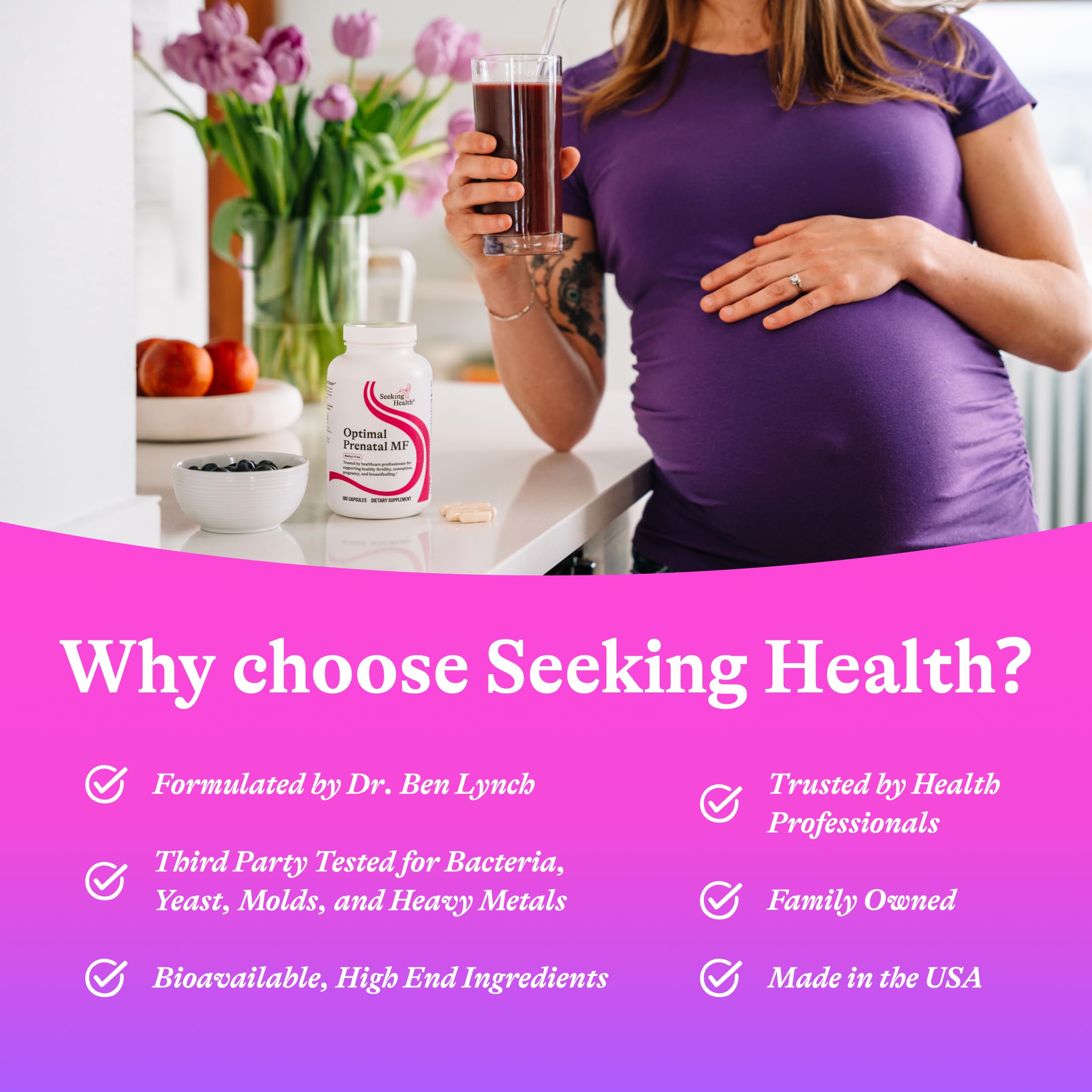 Seeking Health botella abierta con cápsulas listadas para dosificación