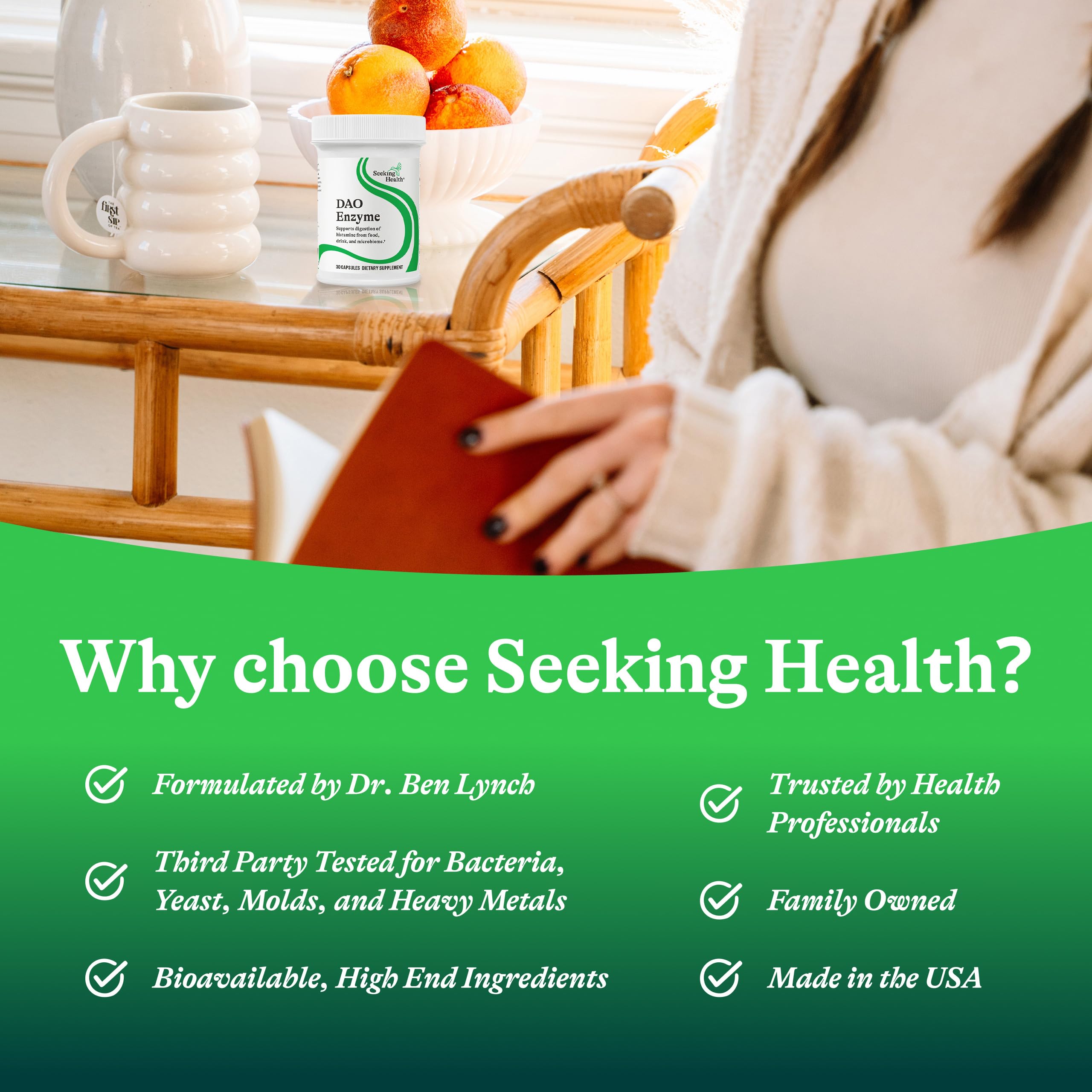 Seeking Health imagen de estilo de vida con comida y suplemento
