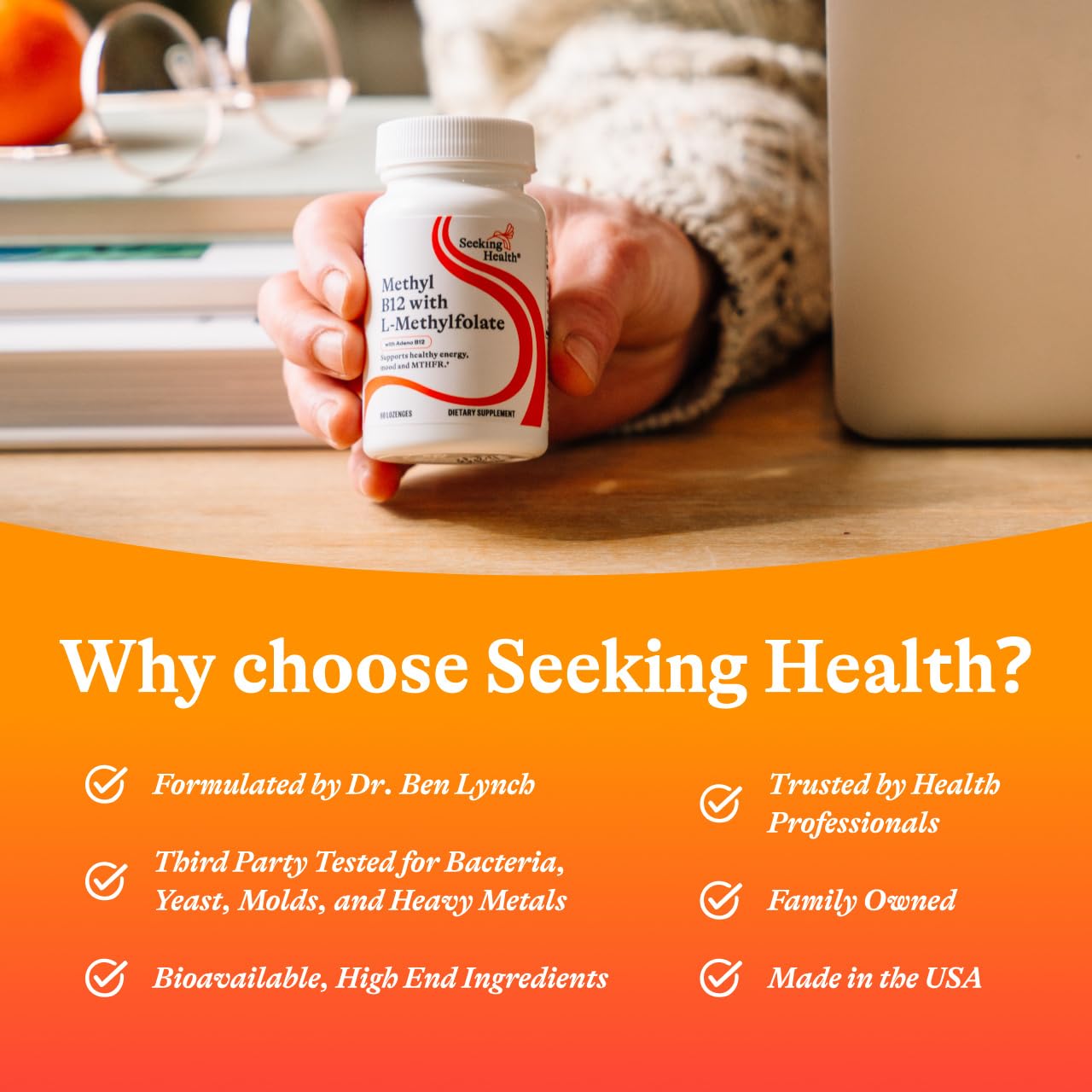 Seeking Health frasco abierto con varias pastillas visible para cantidad por envase