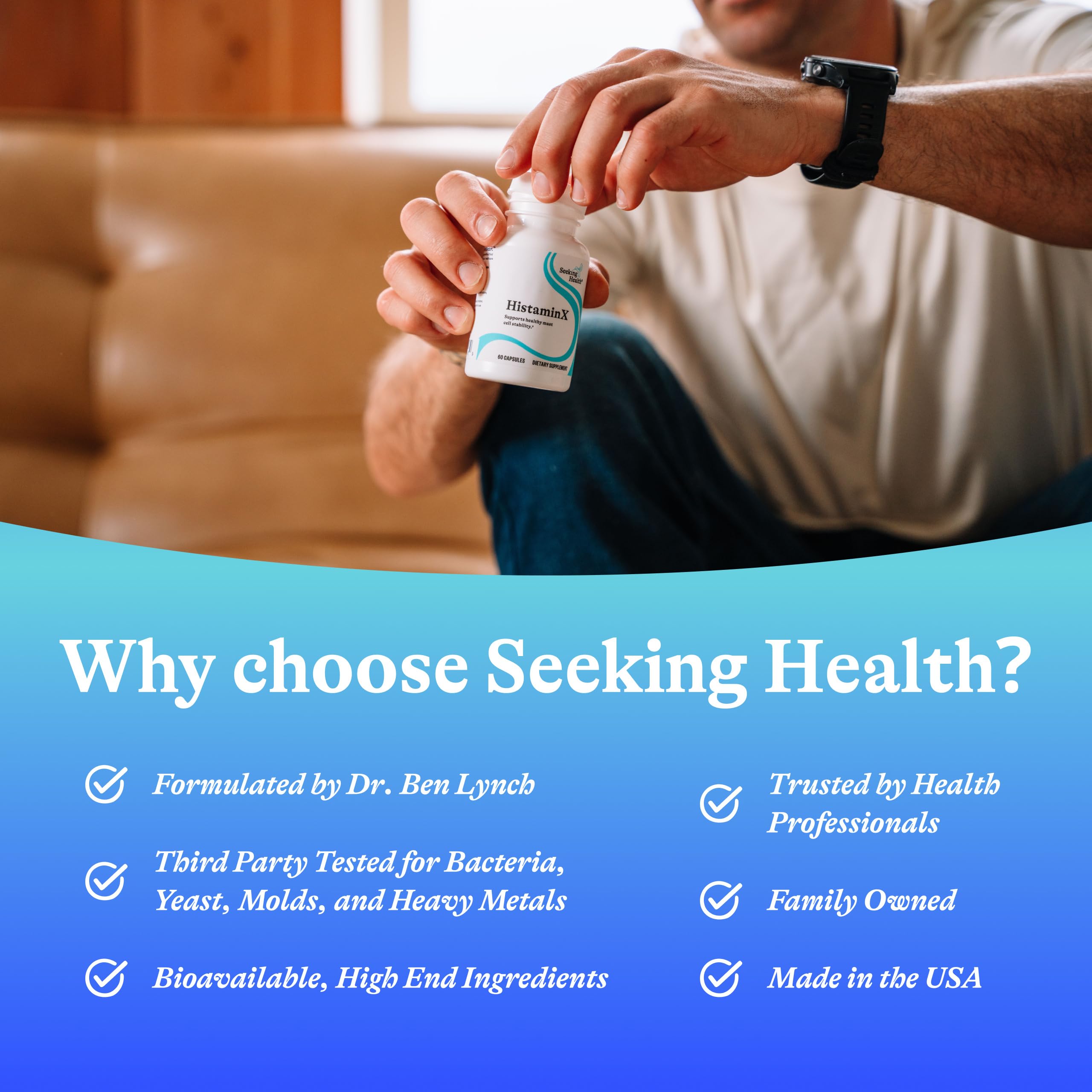 Seeking Health cápsulas HistaminX junto a monedas para ver escala real