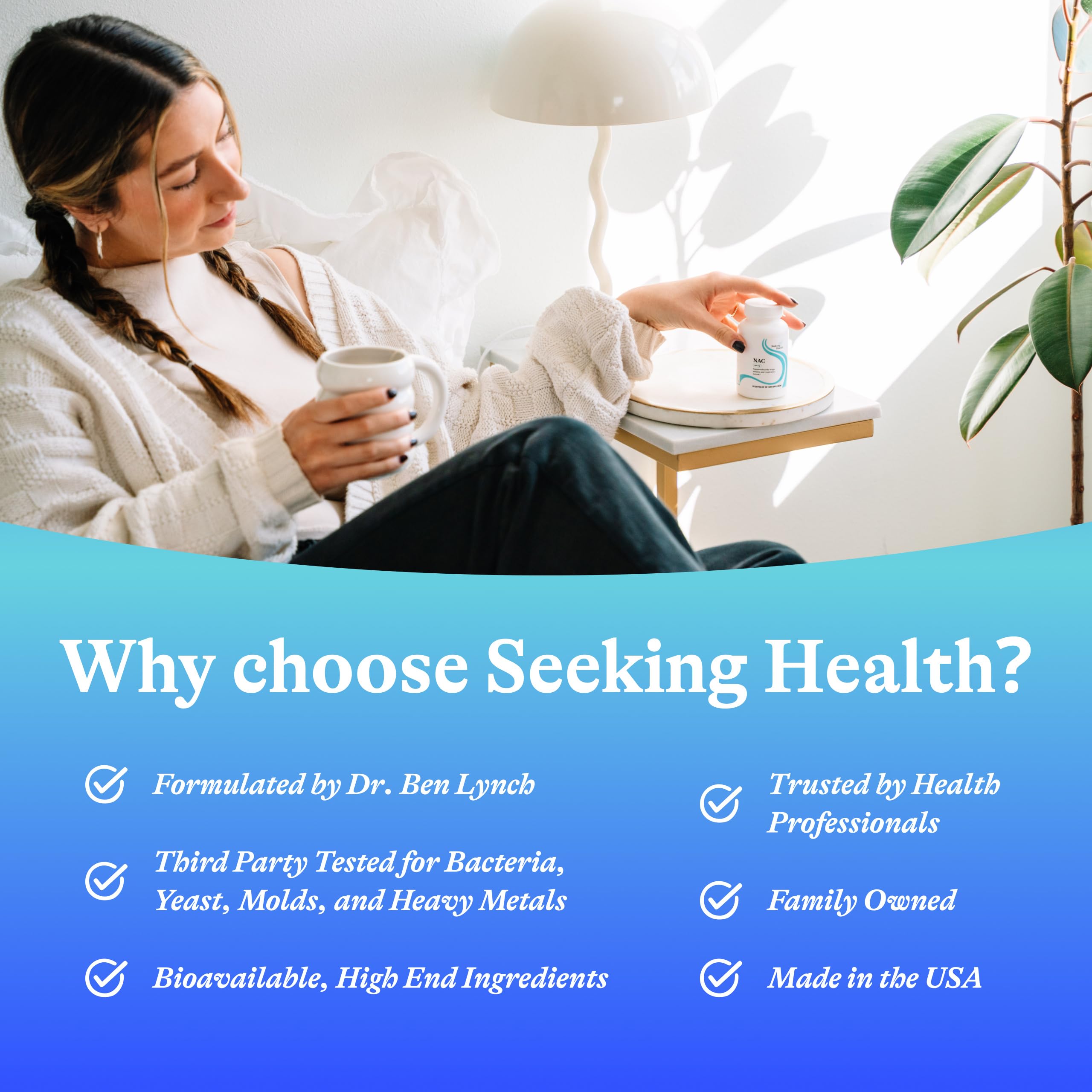 Seeking Health NAC ubicado en botiquín doméstico, conveniencia en el almacenamiento