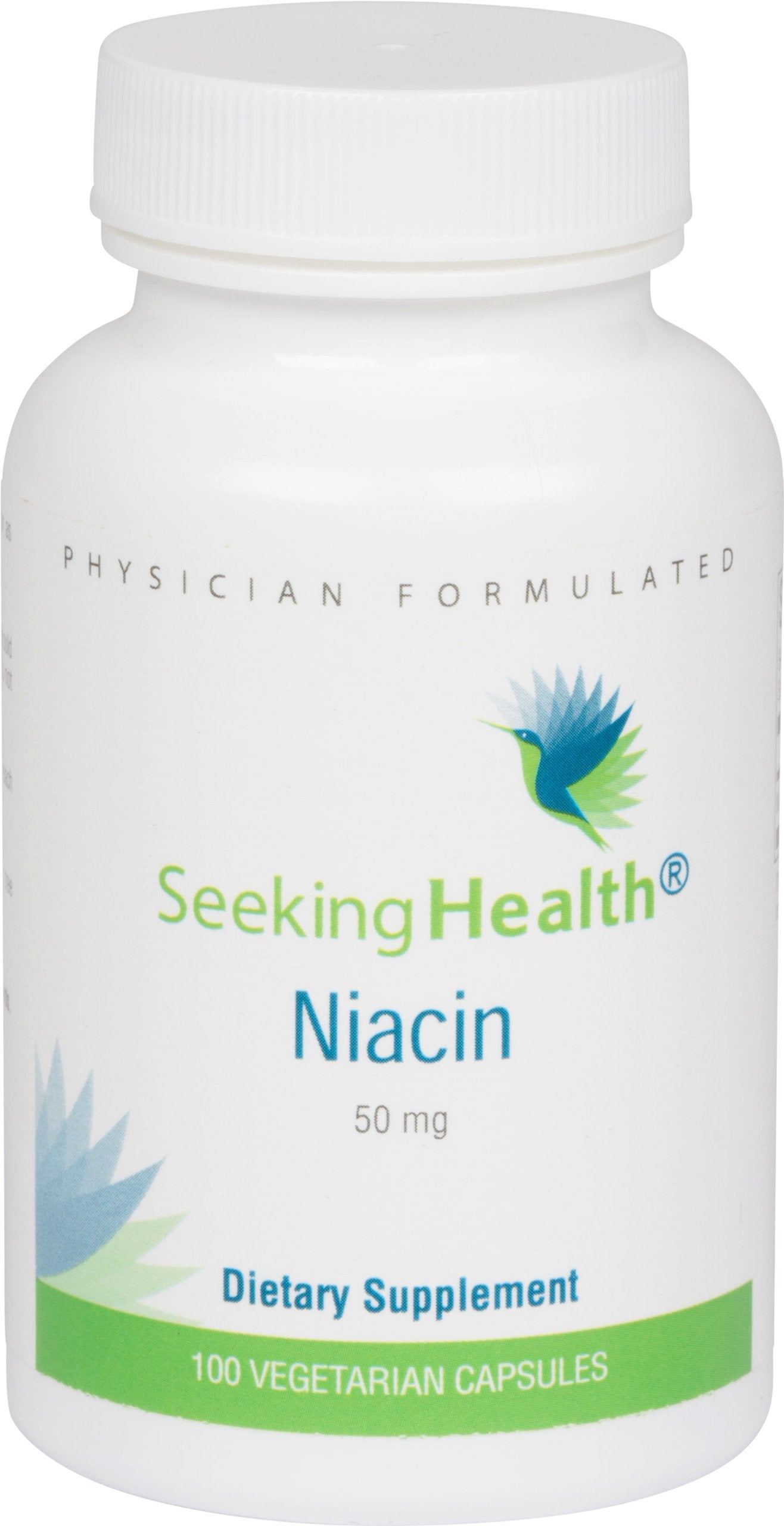Seeking Health: envase frontal de niacin, muestra claridad de etiqueta y dosificación