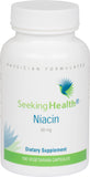 Seeking Health: envase frontal de niacin, muestra claridad de etiqueta y dosificación