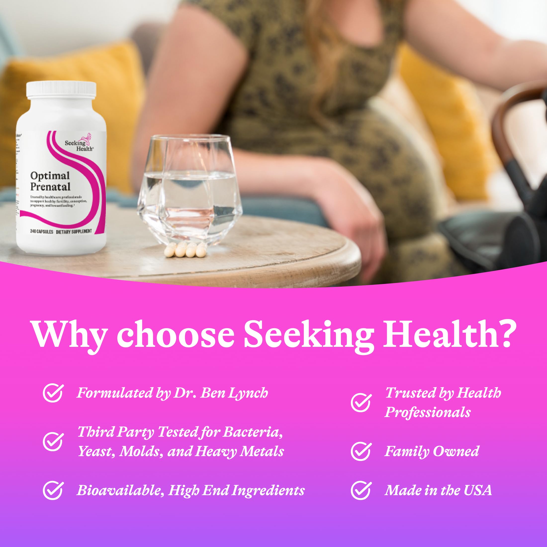 Seeking Health frasco en una encimera transmitiendo uso diario y confianza