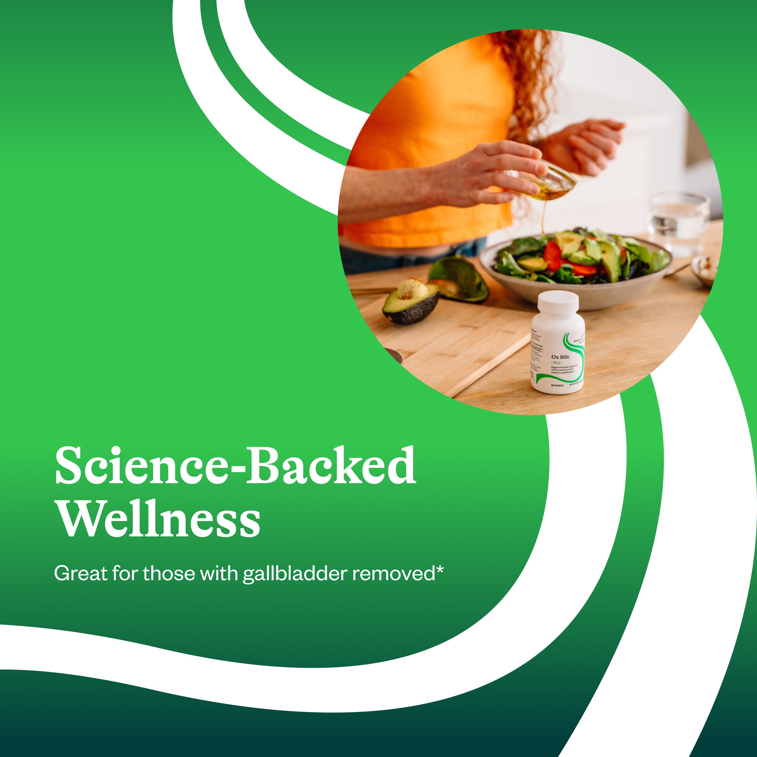 Seeking Health botella junto a plato con comida rica en grasas para contexto