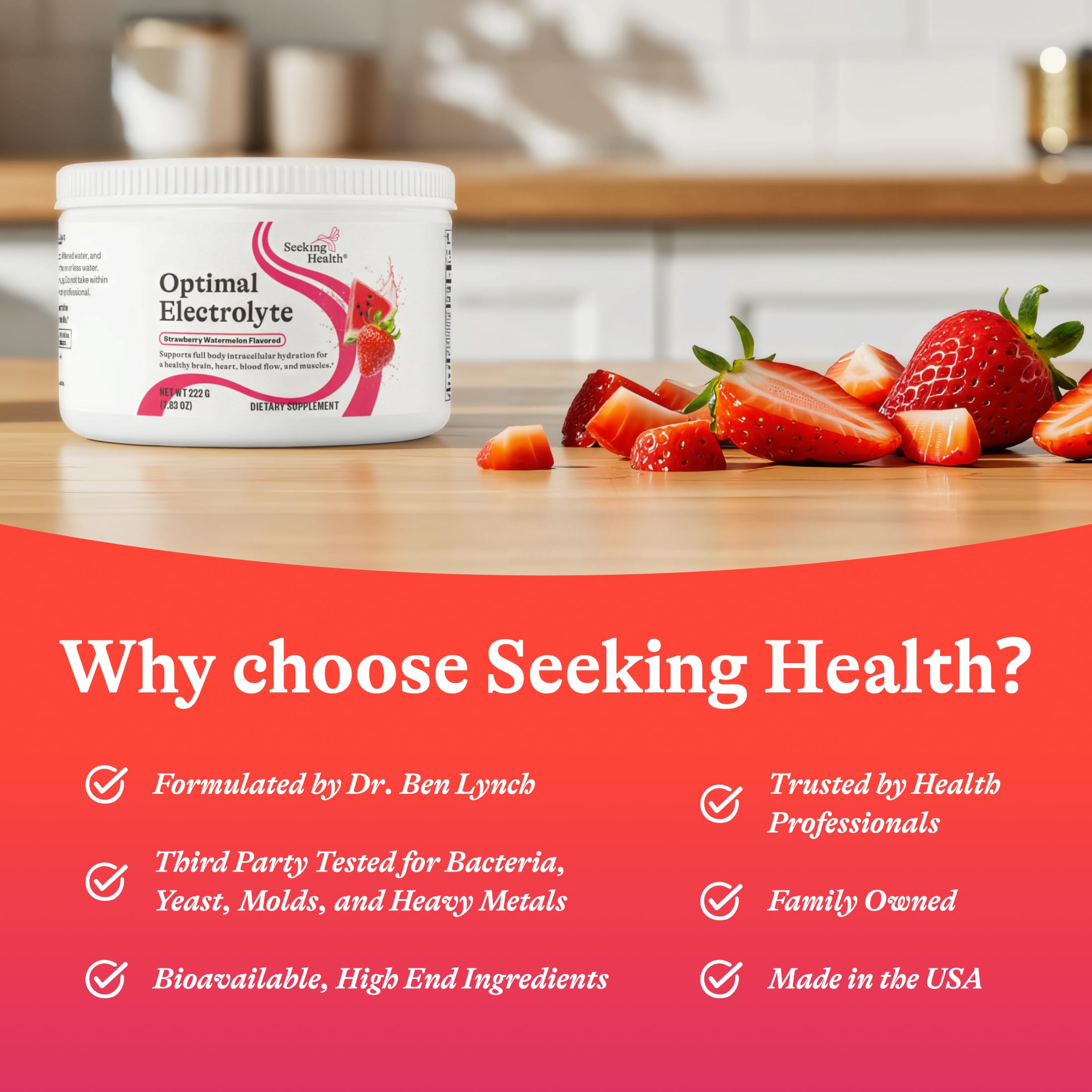 Seeking Health bote abierto con porciones visibles indicando 30 servicios por envase