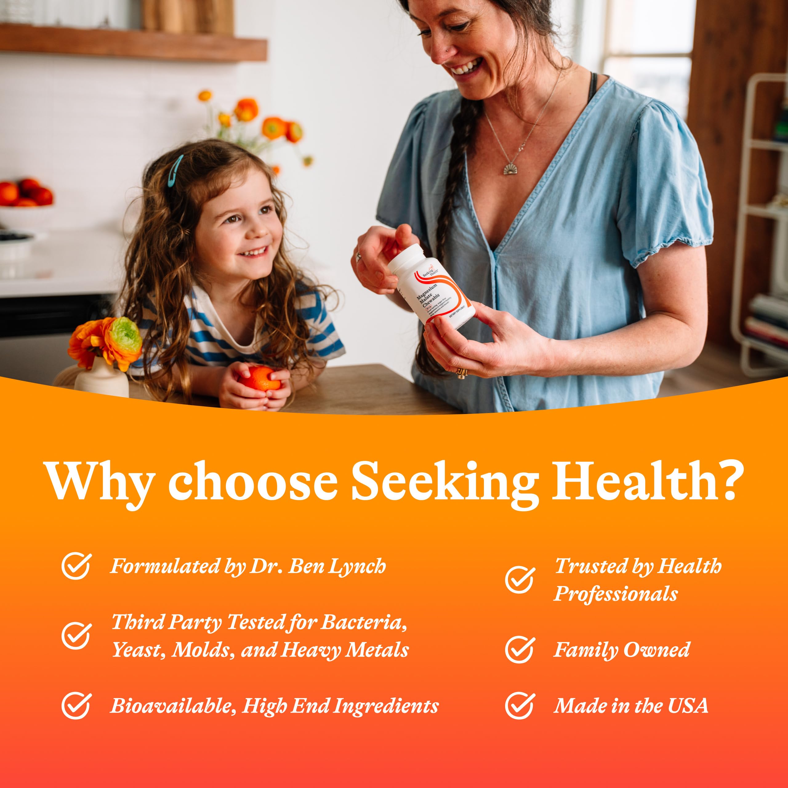 Seeking Health frasco sobre mesa junto a un vaso, visual de uso cotidiano y accesibilidad