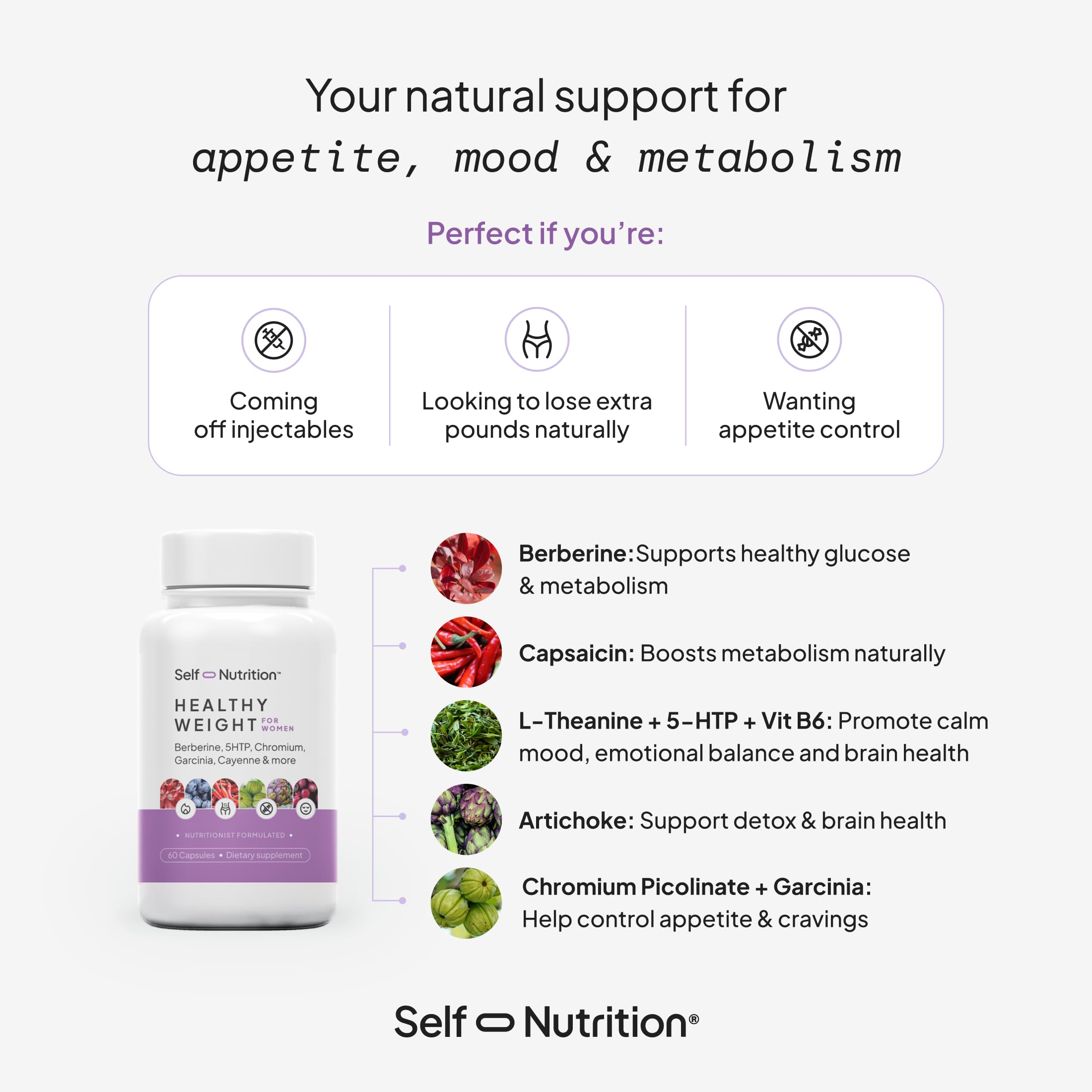 SELF NUTRITION cápsulas de cerca destacando pureza y calidad