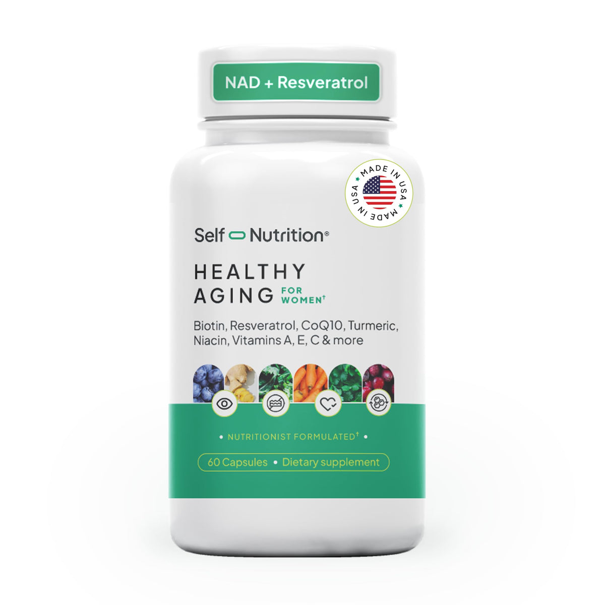 SELF NUTRITION frasco frontal mostrando el diseño y beneficios