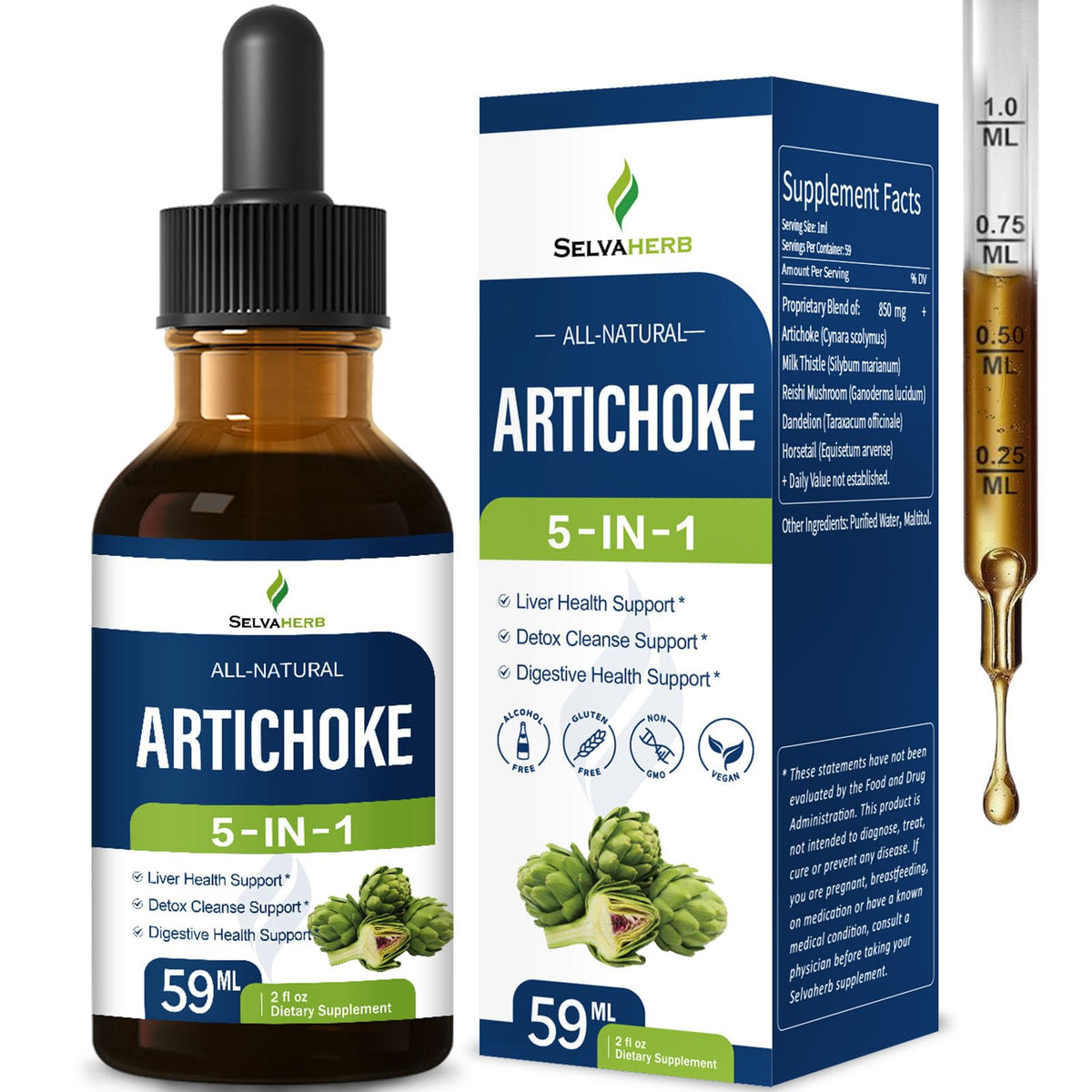 Selvaherb frasco frontal mostrando la fórmula 5-en-1 y beneficio hepático