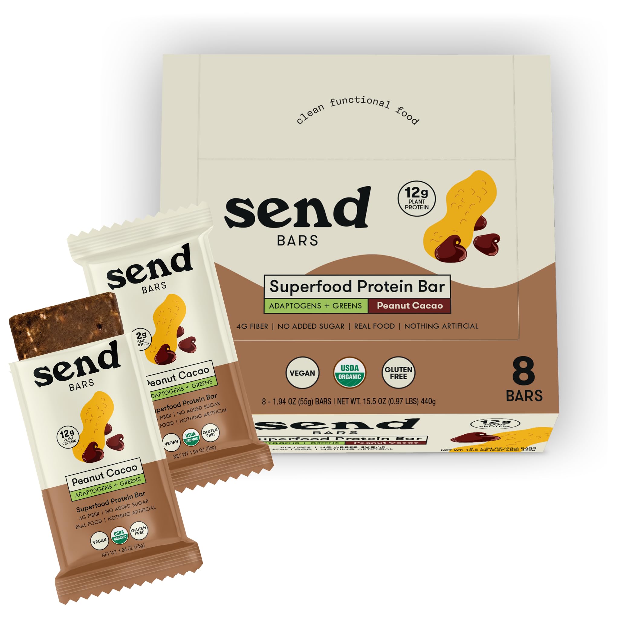 Send Bars empaque frontal mostrando sabor orgánico y sin azúcares añadidos