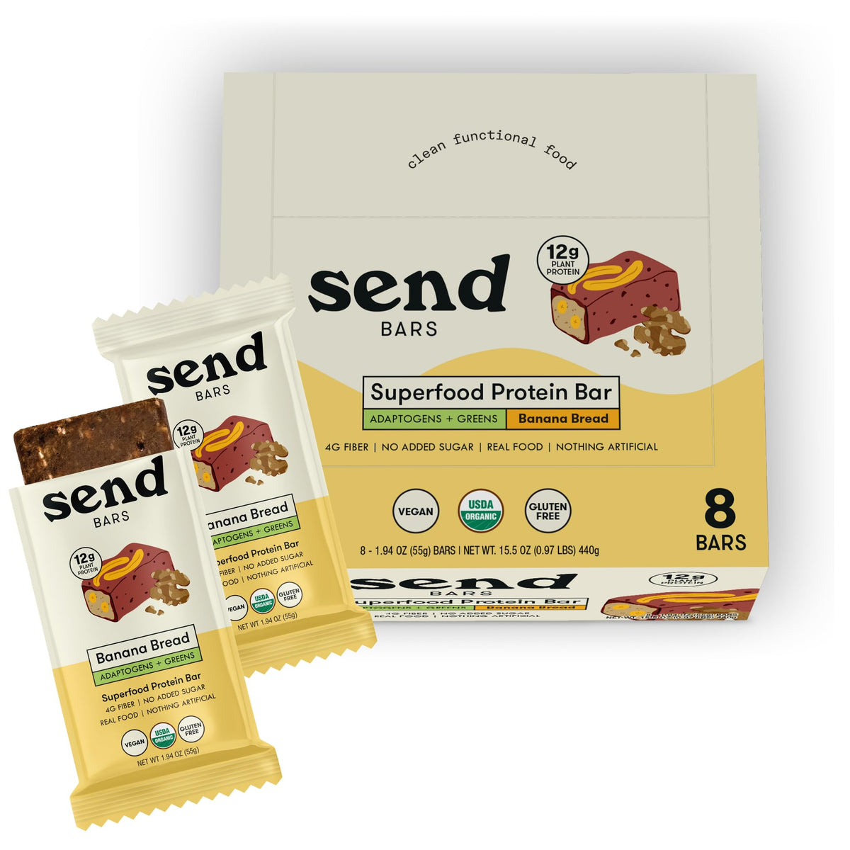SEND Bars frente del empaque mostrando sabor banana bread y beneficios nutritivos