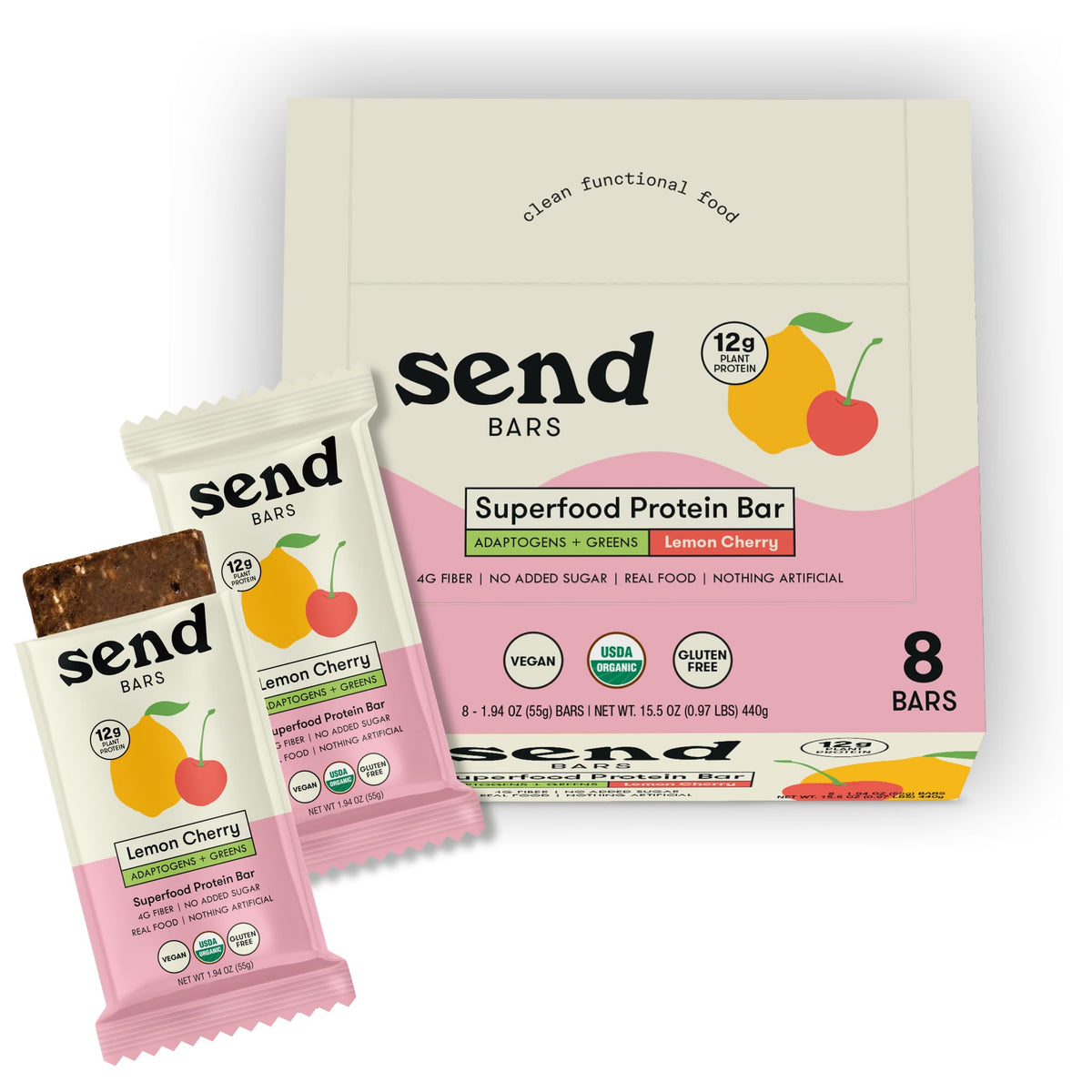 SEND Bars embalaje frontal mostrando etiqueta orgánica y beneficio sin azúcares añadidos