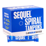 Sequel empaque frontal que muestra 32 tampones y beneficios de diseño