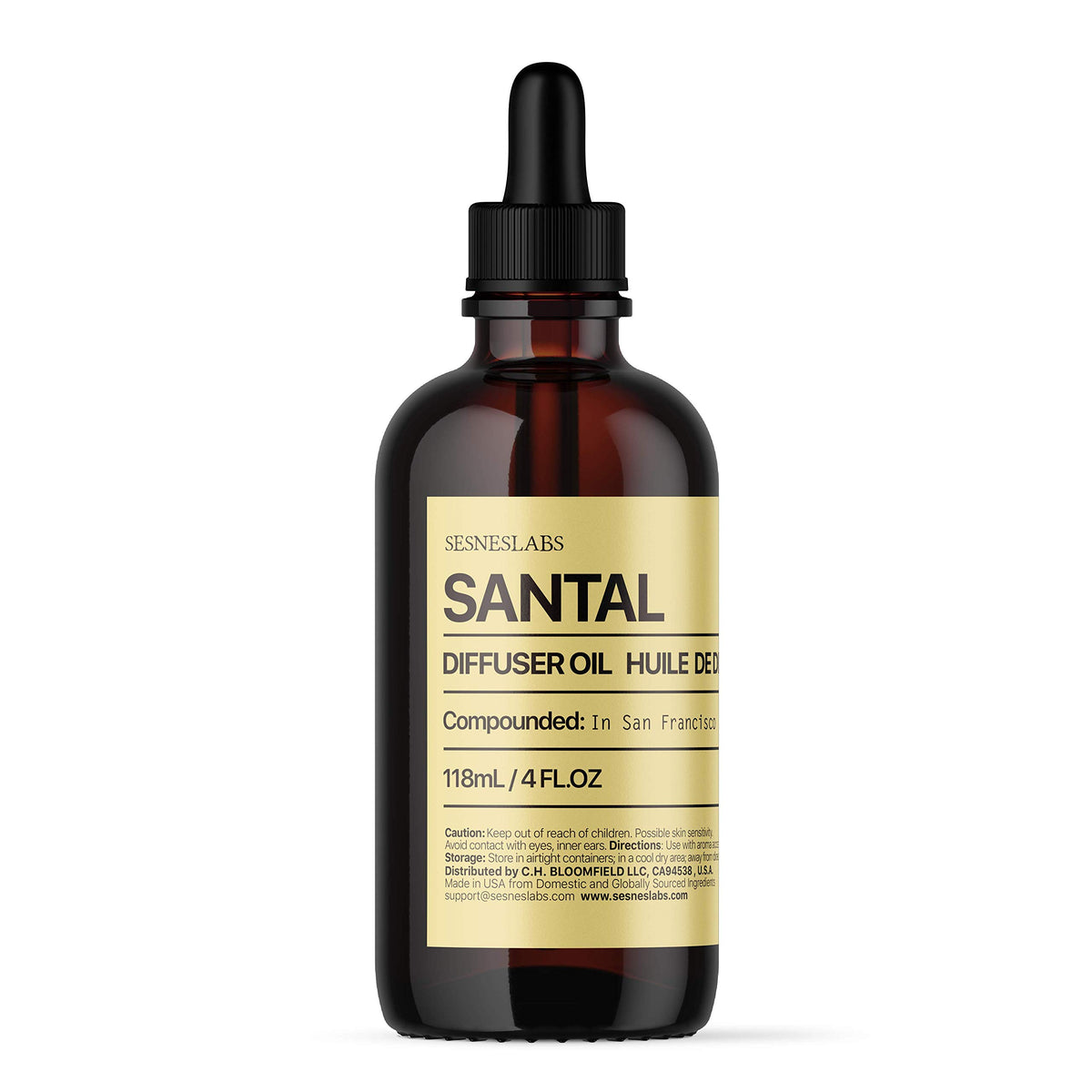 sesneslabs frasco frontal Santal mostrando etiqueta elegante y tamaño 118 ml