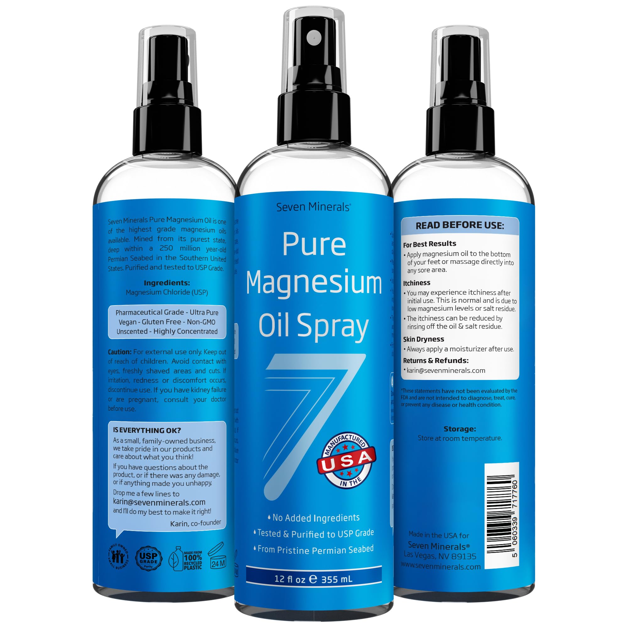 Seven Minerals etiqueta con ingredientes y pureza USP visible