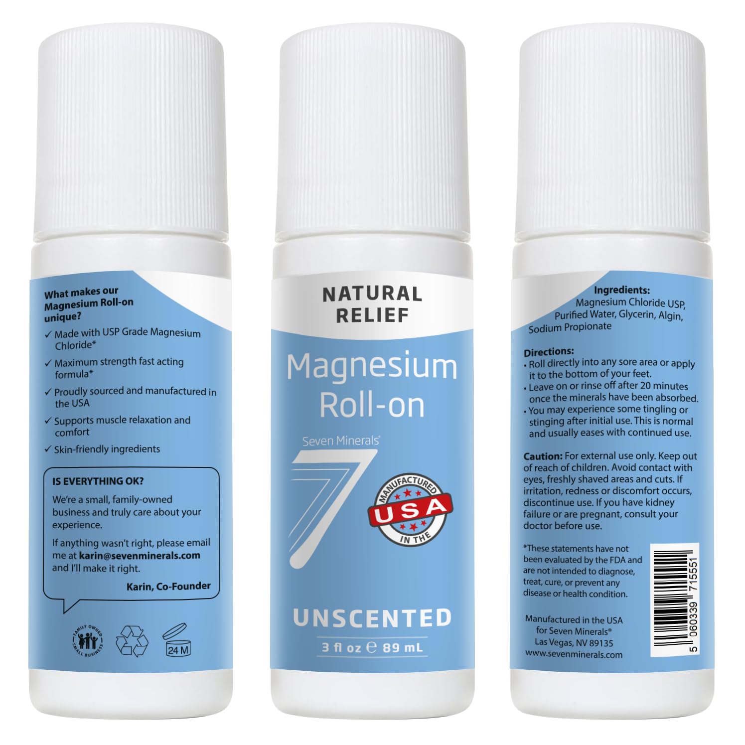 Primer plano de la etiqueta Seven Minerals que destaca cloruro de magnesio como único ingrediente
