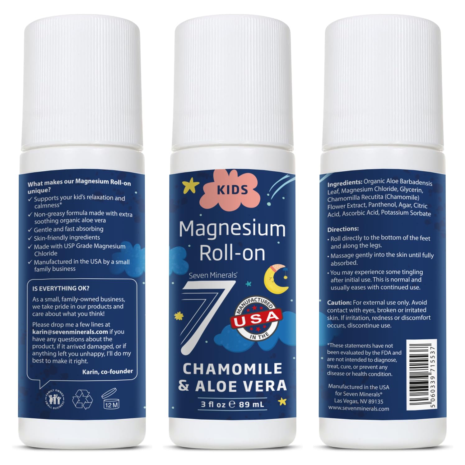 Seven Minerals etiqueta con ingredientes principales y certificaciones visibles