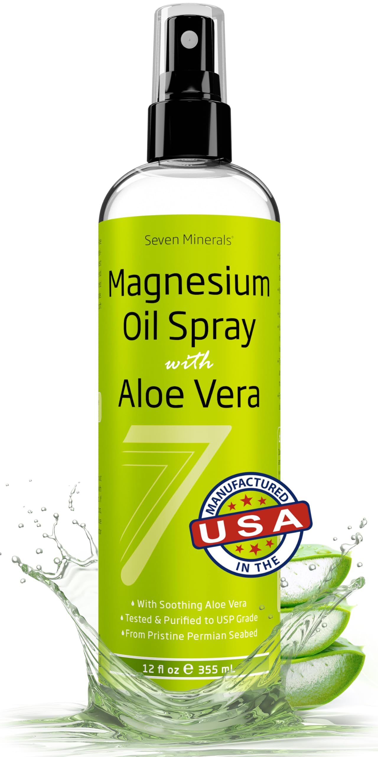 Seven Minerals botella frontal mostrando etiqueta clara y beneficio relajante