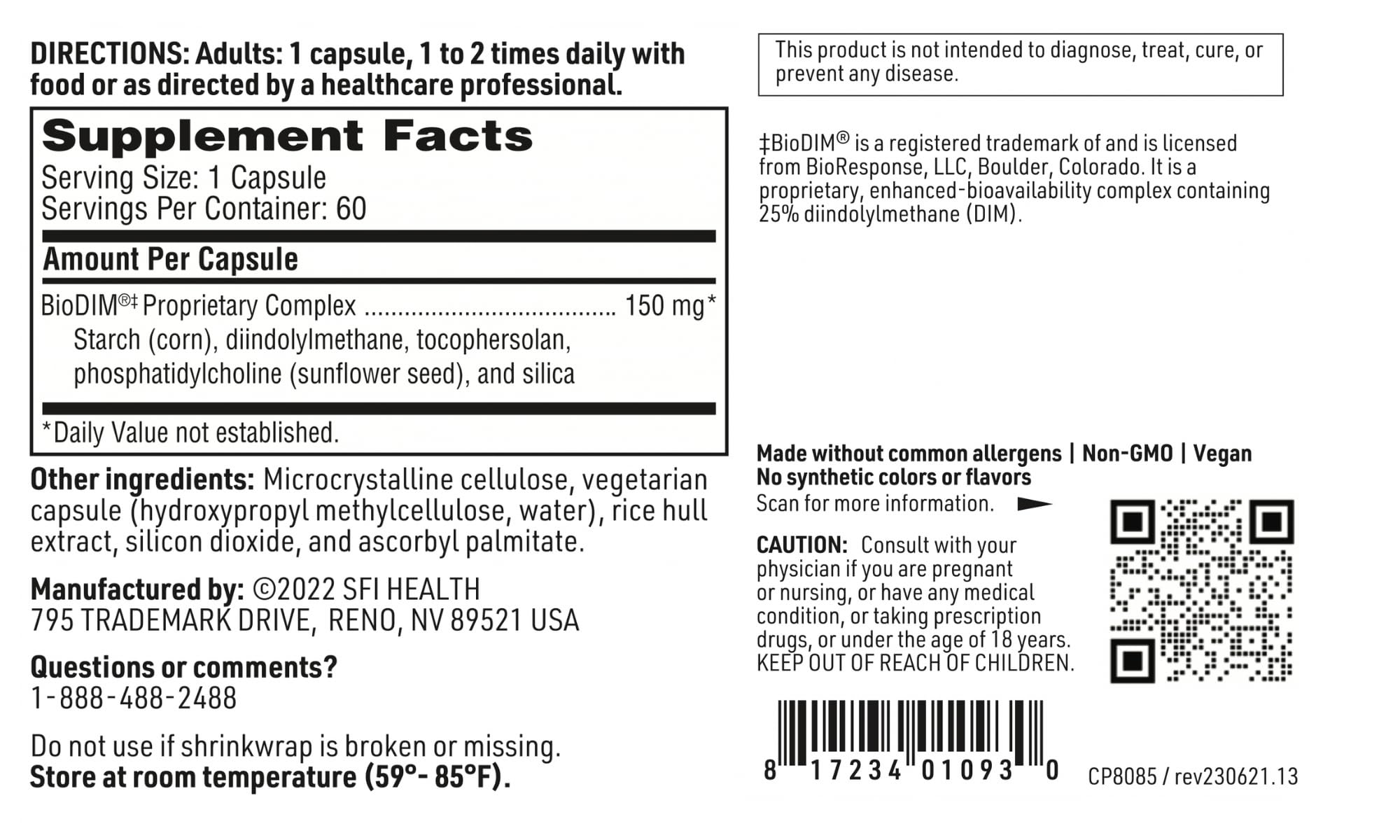 SFI Health Klaire Labs Biodim etiqueta con ingredientes y beneficio de fórmula patentada