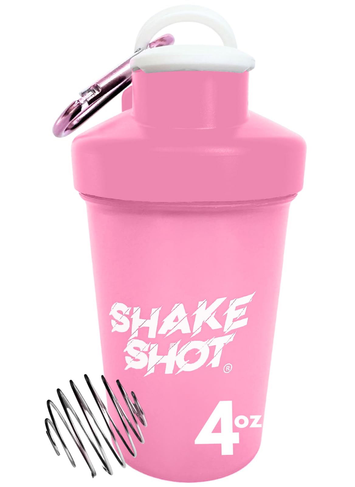 Shake Shot frasco frontal rosa mostrando tamaño compacto y portabilidad