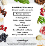 Shakeology comparación de tamaño del sobre junto a una mano para escala