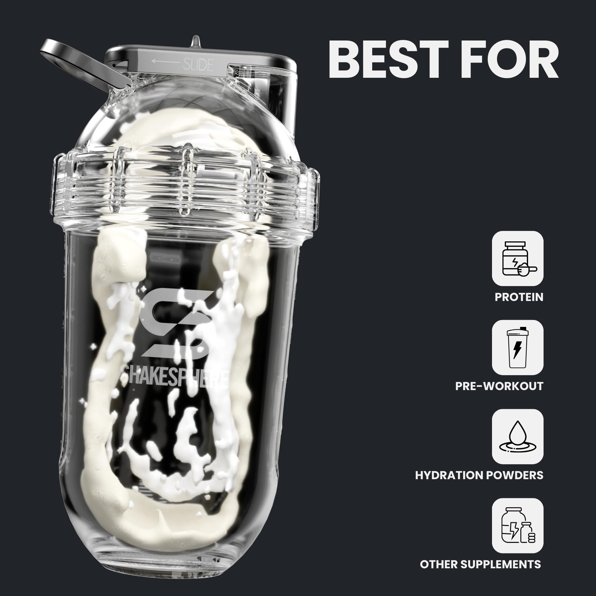 SHAKESPHERE comparación de tamaño 24oz junto a botella de agua estándar