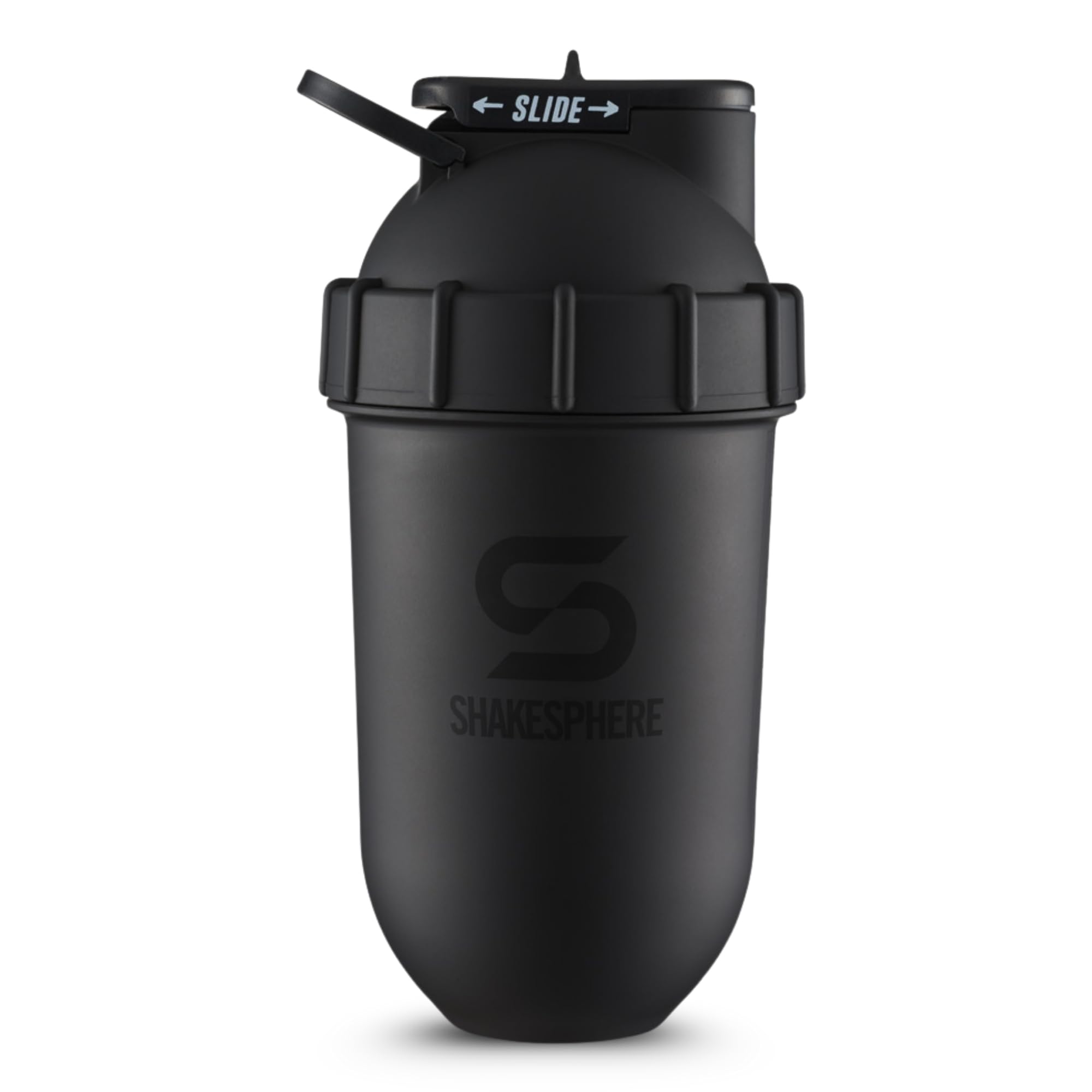 SHAKESPHERE vista frontal de la botella matte black, elegante y profesional