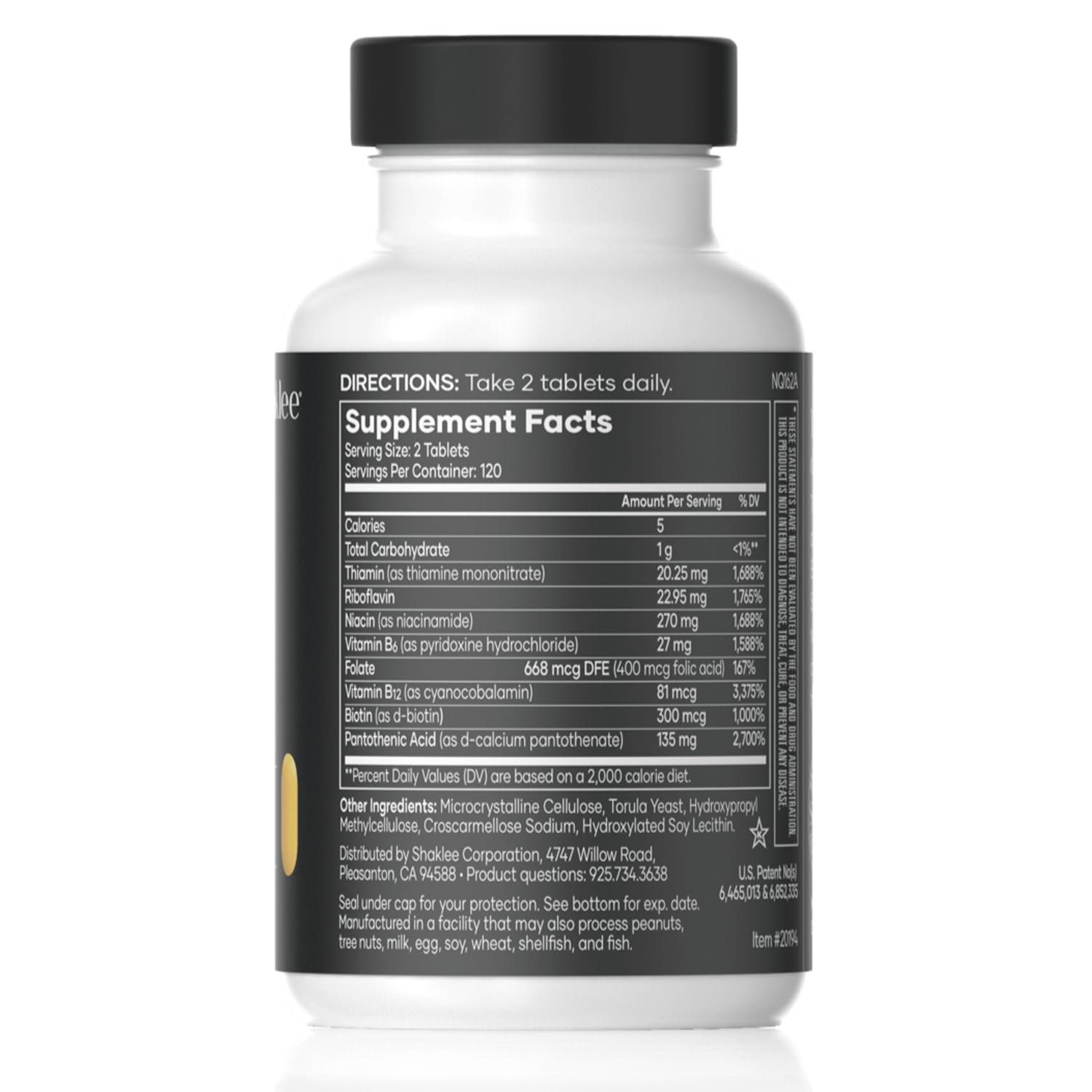 Shaklee B-Complex etiqueta lateral con información de dosificación y beneficios visibles