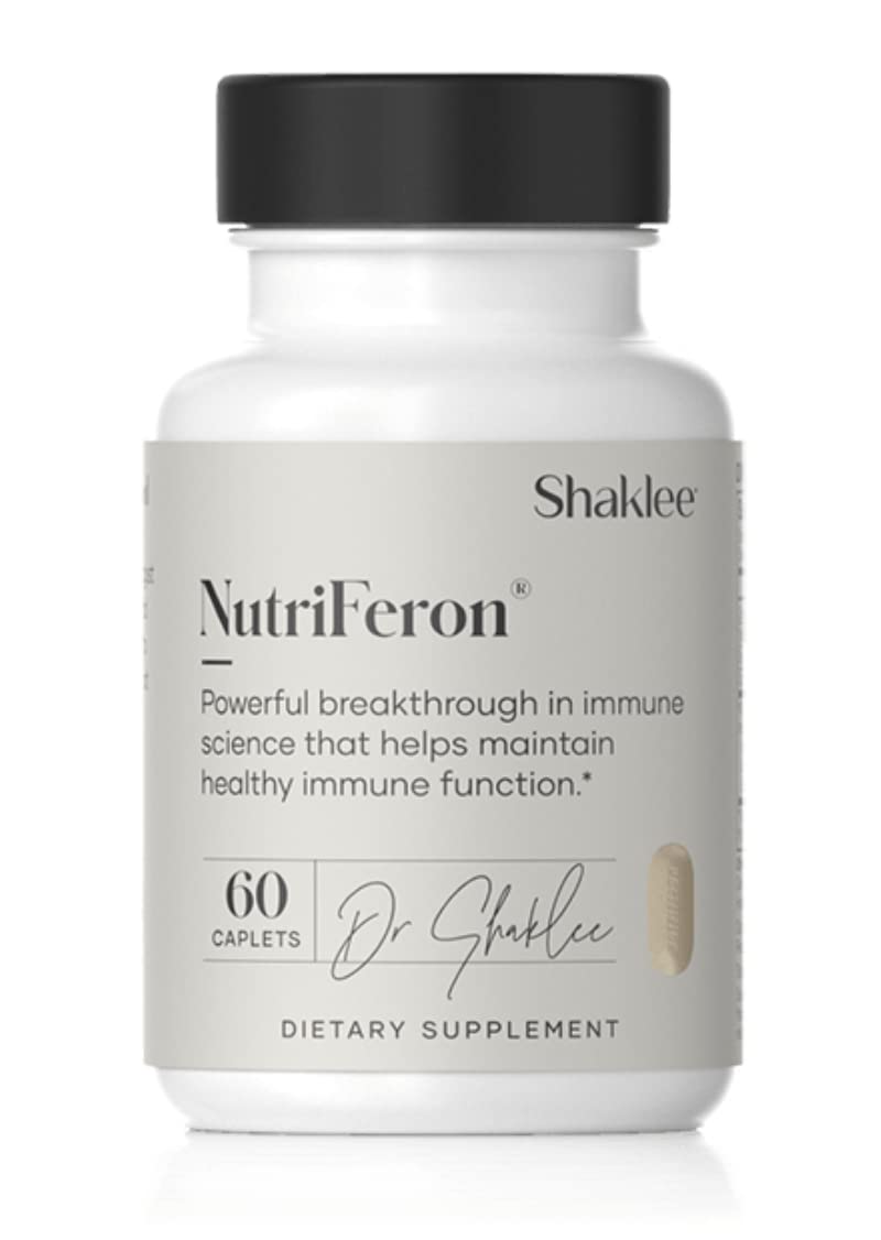 Shaklee NutriFeron frente del empaque mostrando 60 caplets y fácil almacenamiento
