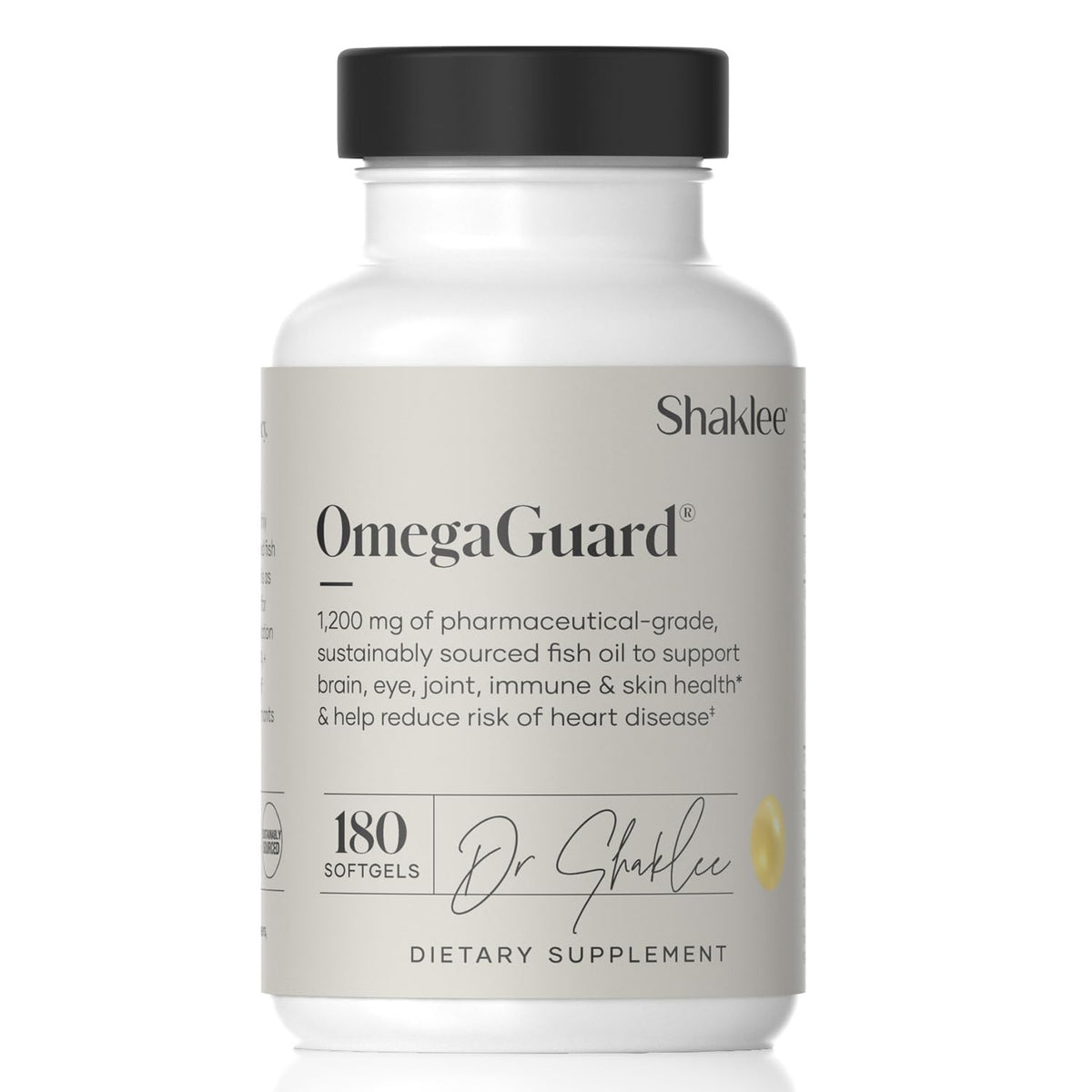 Shaklee OmegaGuard frasco frontal mostrando 180 cápsulas y dosificación clara