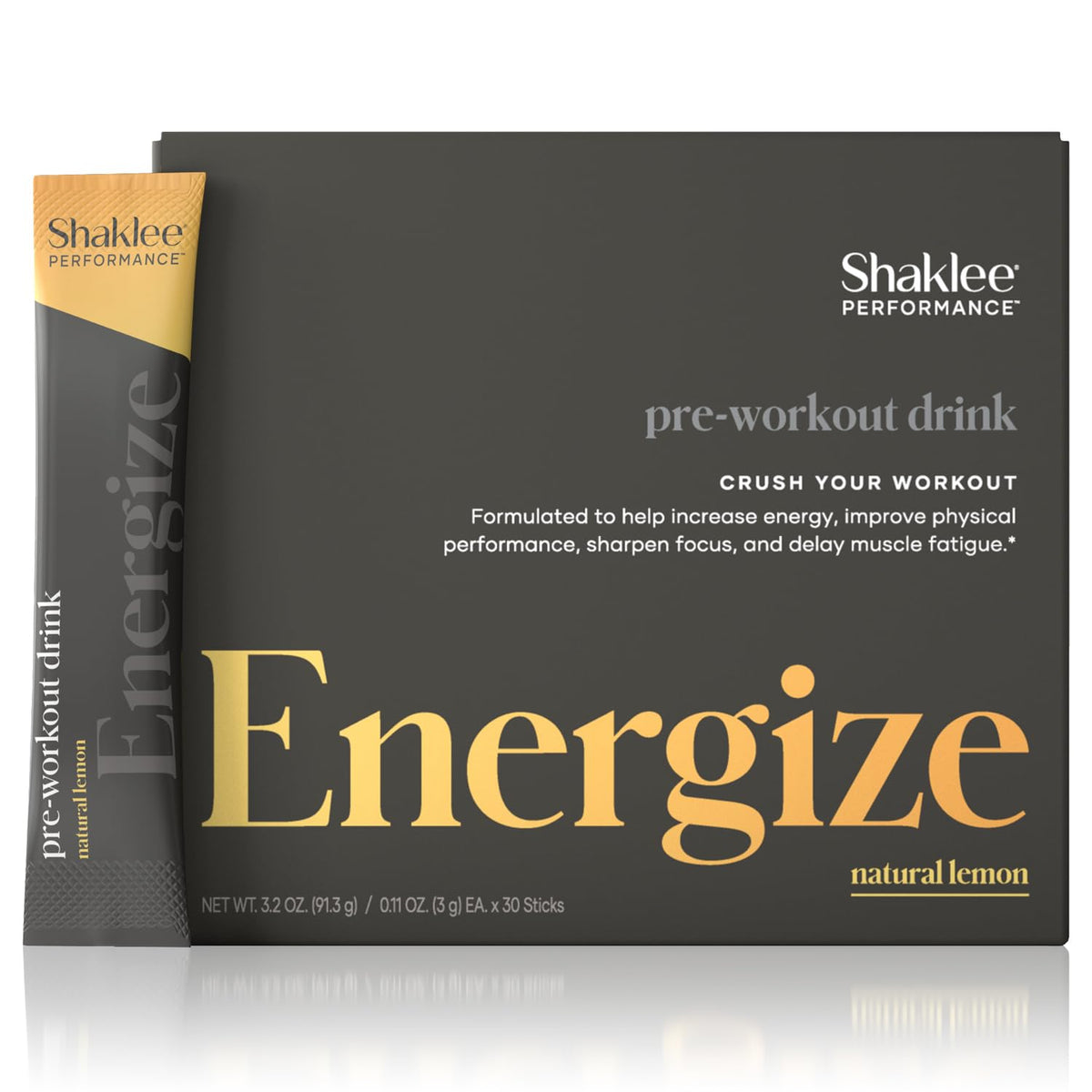 Shaklee pre-workout frente del empaque mostrando 30 servicios y beneficio portátil