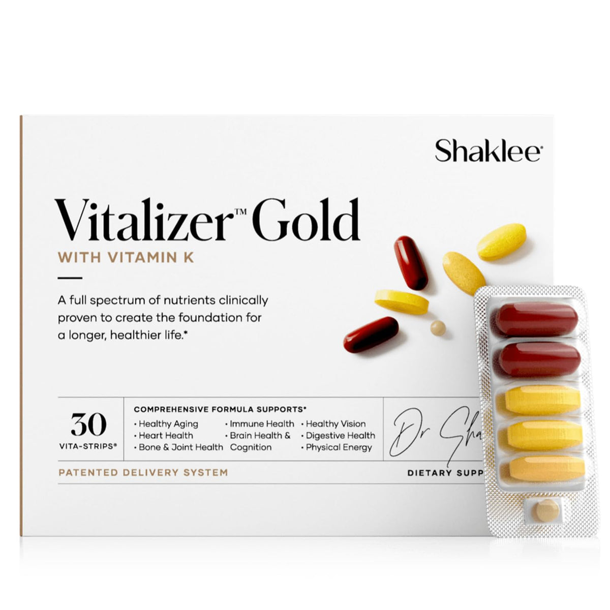 Shaklee Vitalizer Gold vista frontal del envase, formato portátil y fácil de usar
