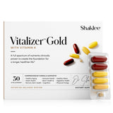 Shaklee Vitalizer Gold vista frontal del envase, formato portátil y fácil de usar