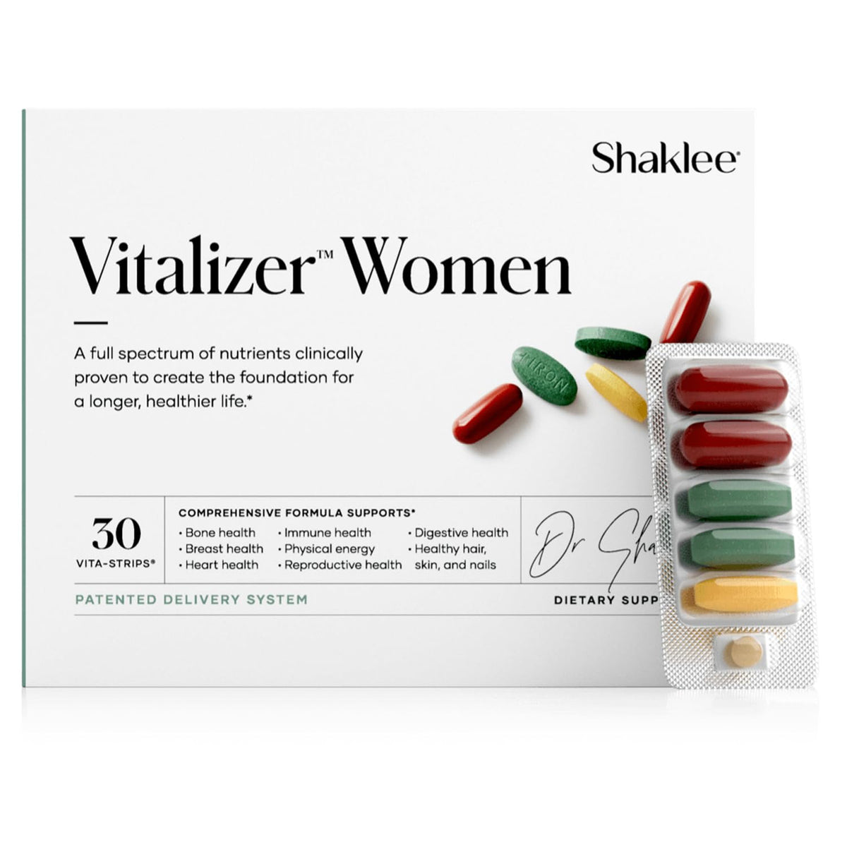 Shaklee empaque frontal mostrando Vitalizer Women y conveniencia diaria