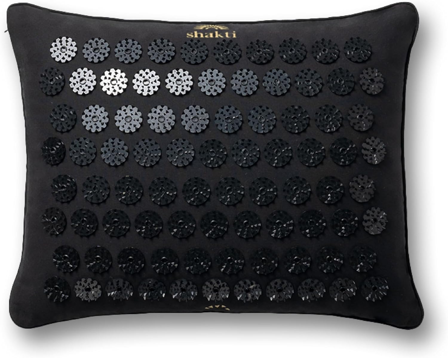 ShaktiMat almohada premium frontal mostrando diseño negro y forma ergonómica, beneficio soporte cervical